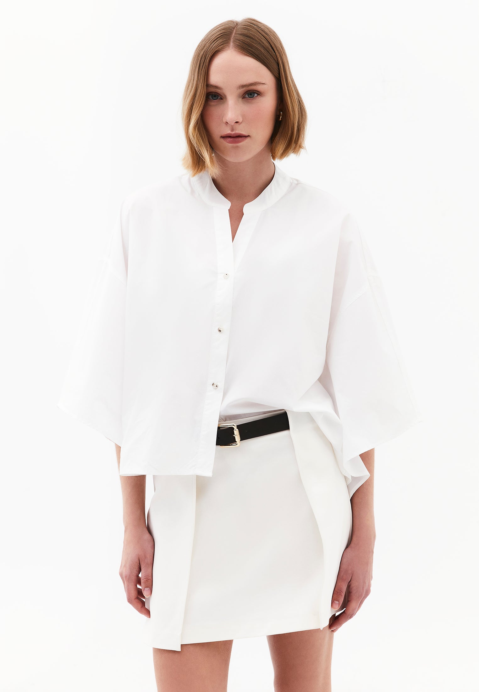 Oversized Short-Sleeve Band Collar Shirt - WHITE