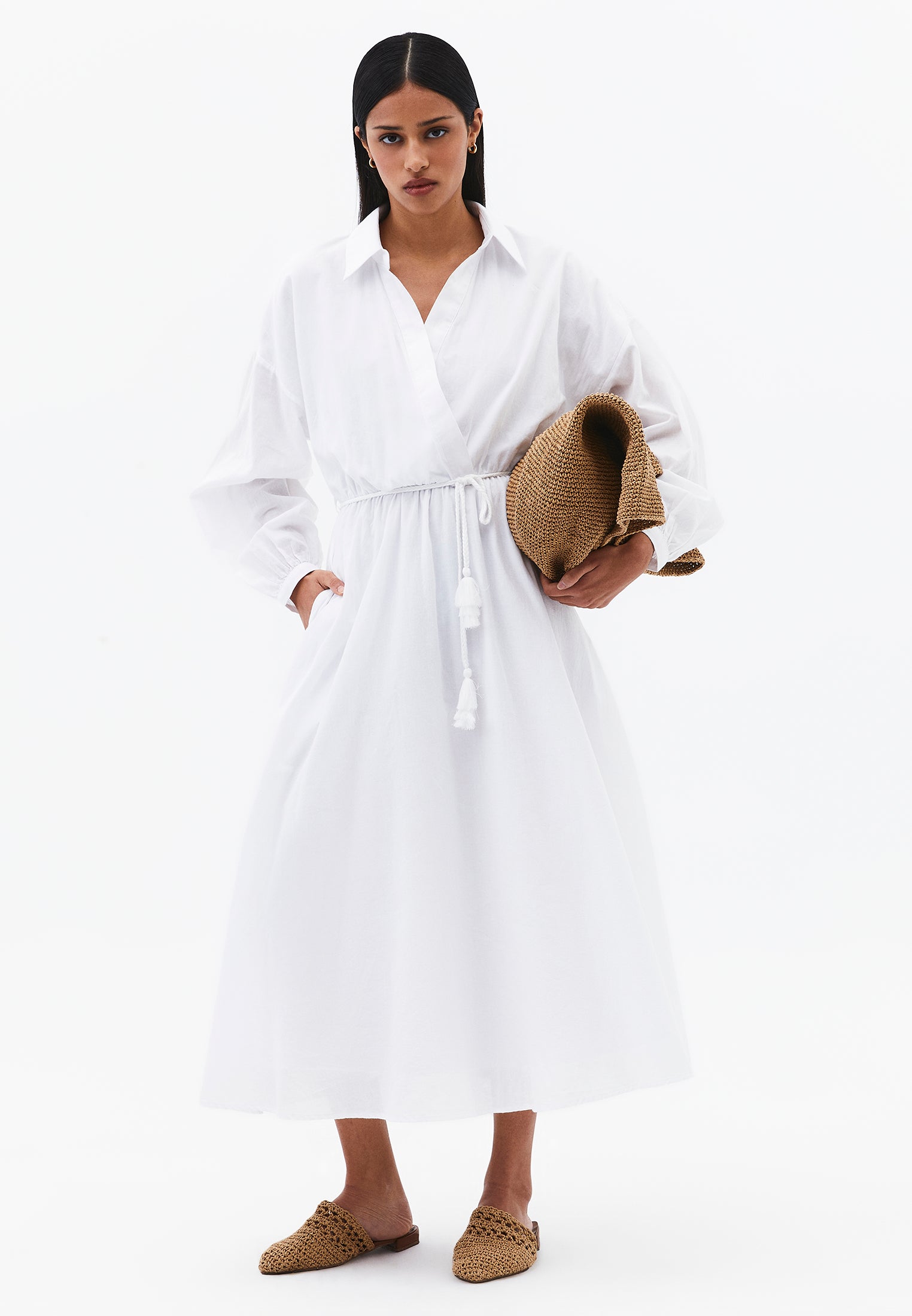 A-Line Long Shirt Collar Dress With Belt Detail
