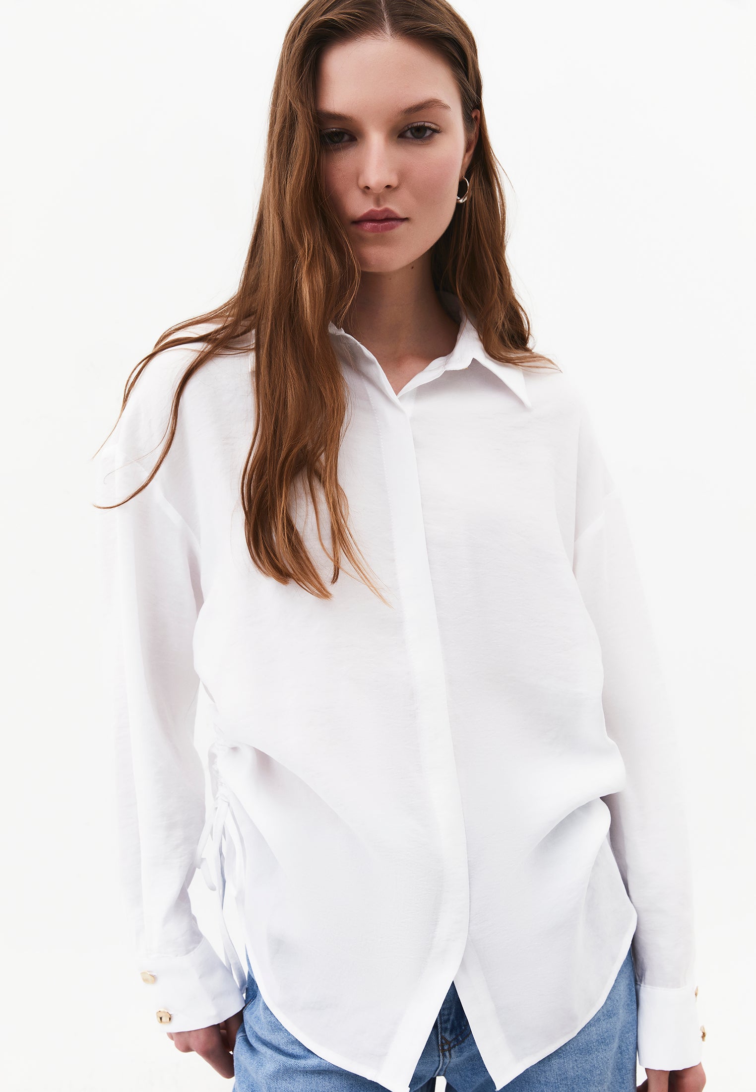 Oversize Long Sleeve Shirt with Ruching and Buttons - WHITE