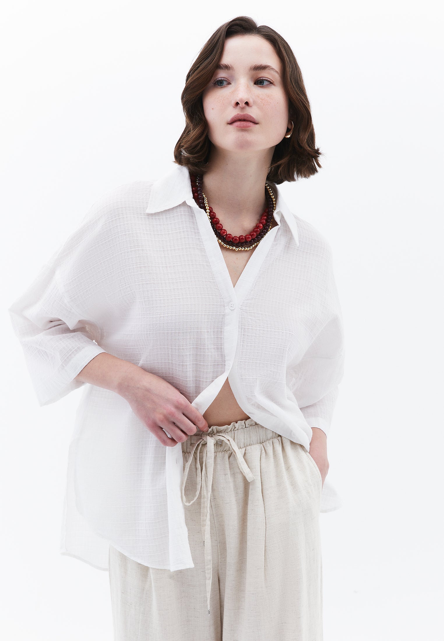 Button Detailed Oversize Shirt - WHITE