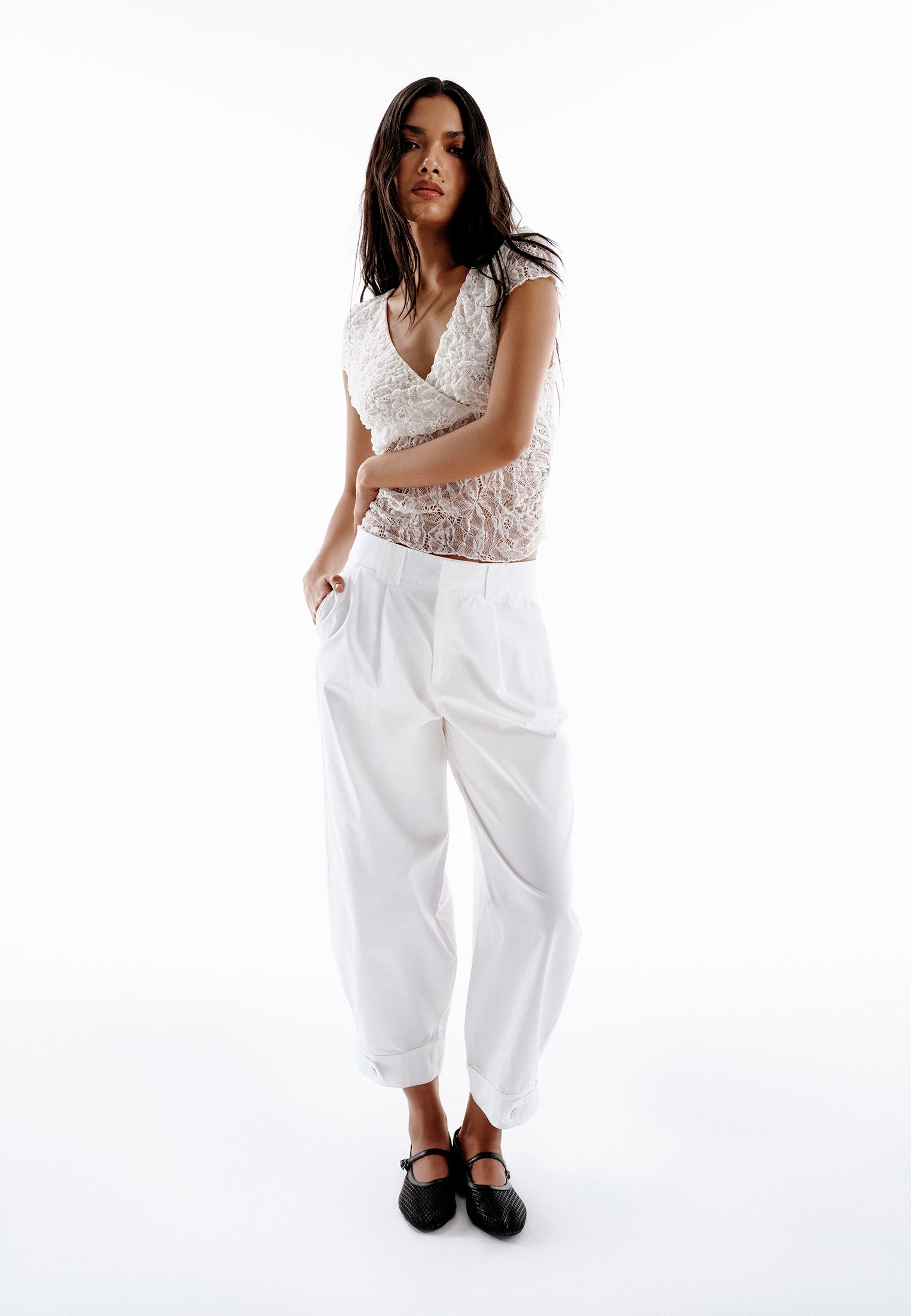 Pleated Cotton Pants - WHITE