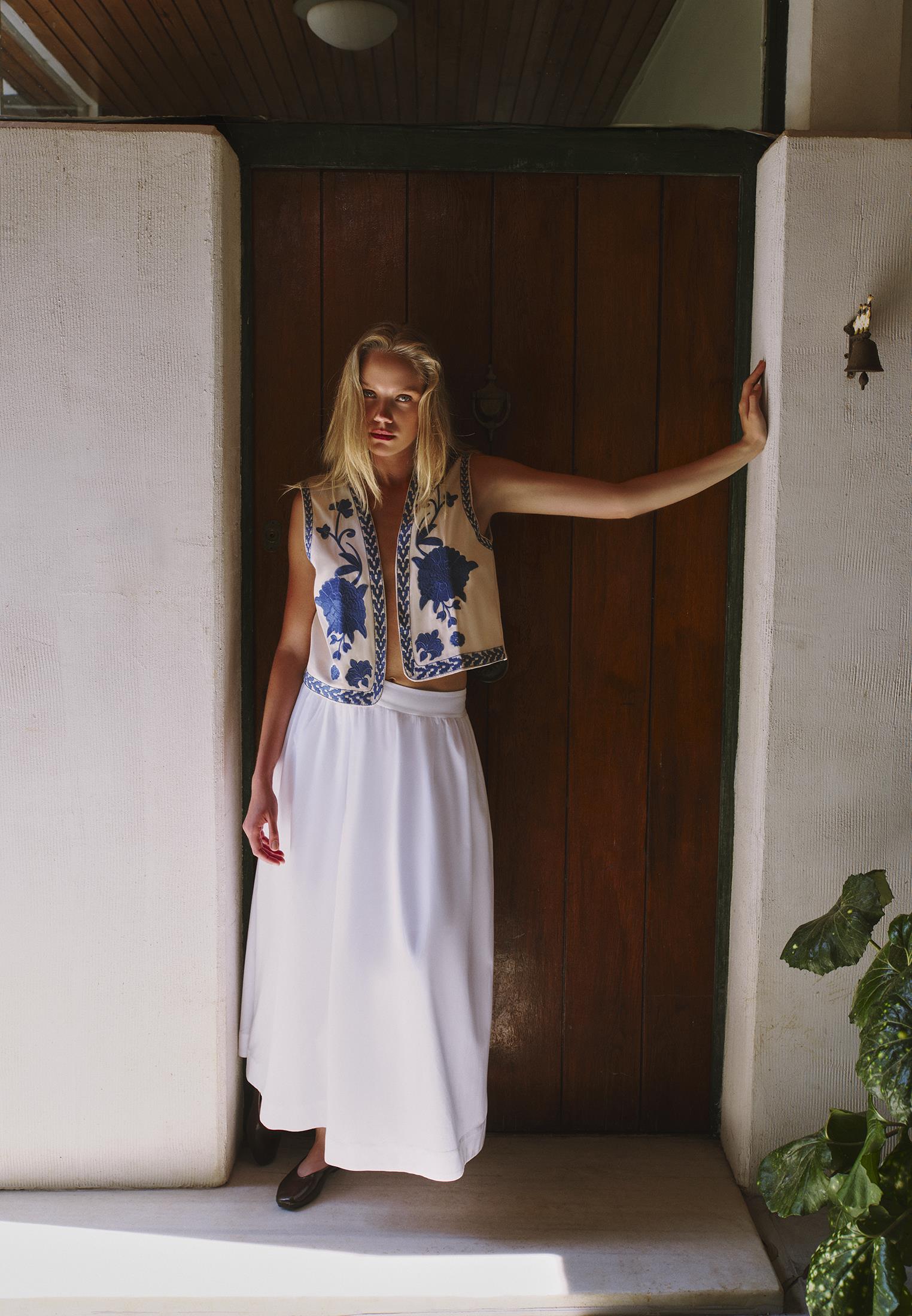 Flared Long High Waist Woven Skirt - WHITE