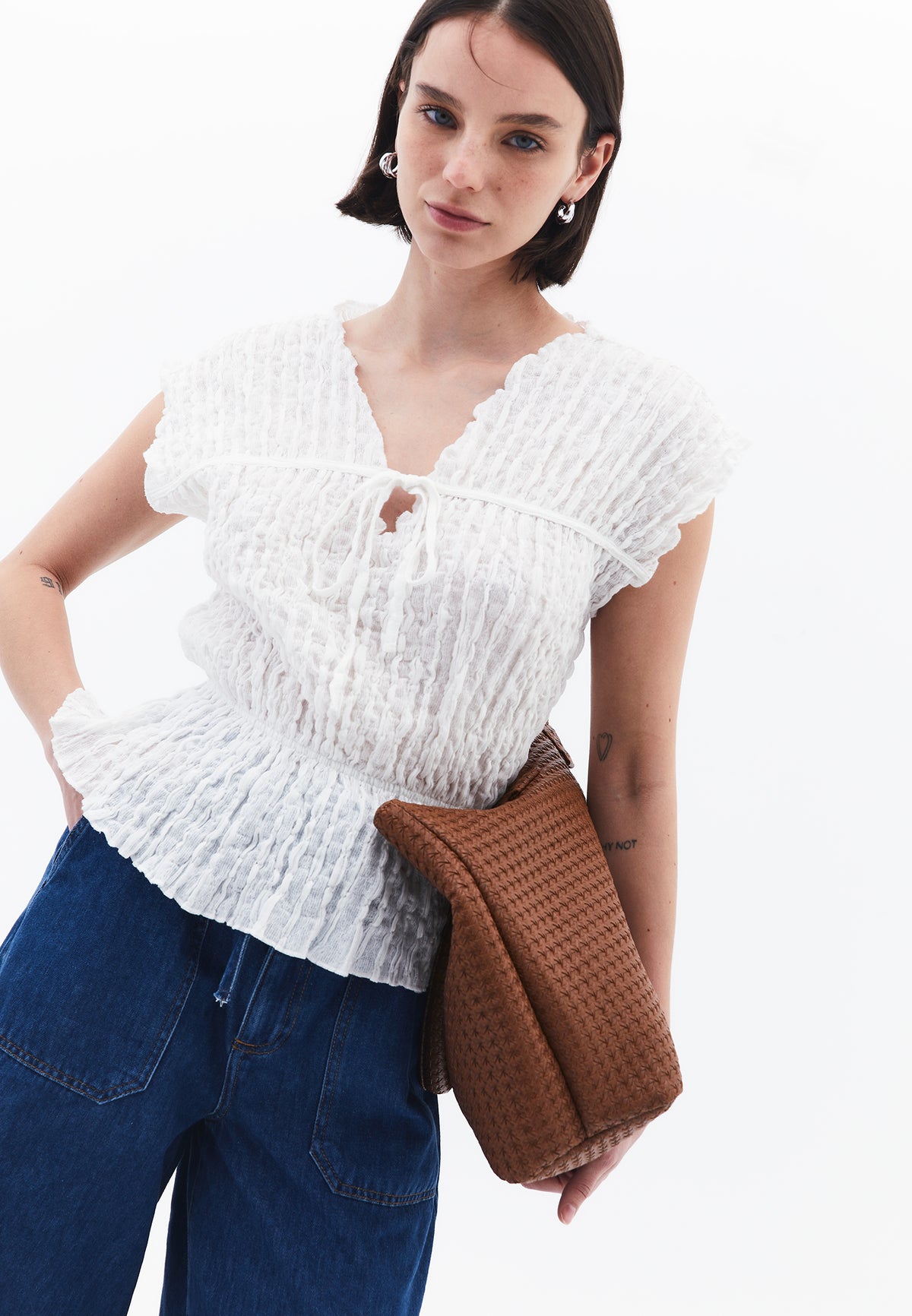 Loose Fit V Neck Short Sleeve Blouse - White