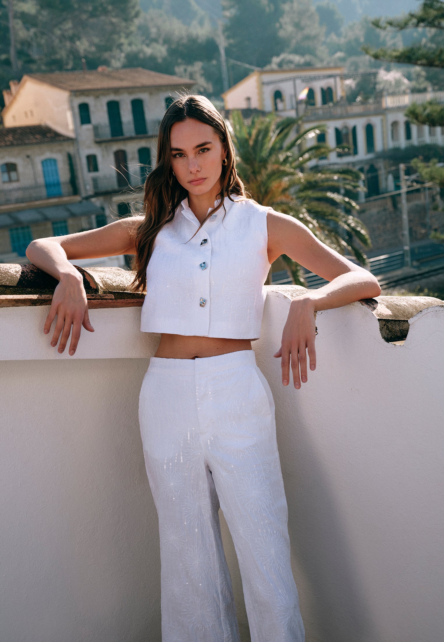 Wide Leg High Waist Pants With Embroidery Detail - WHITE