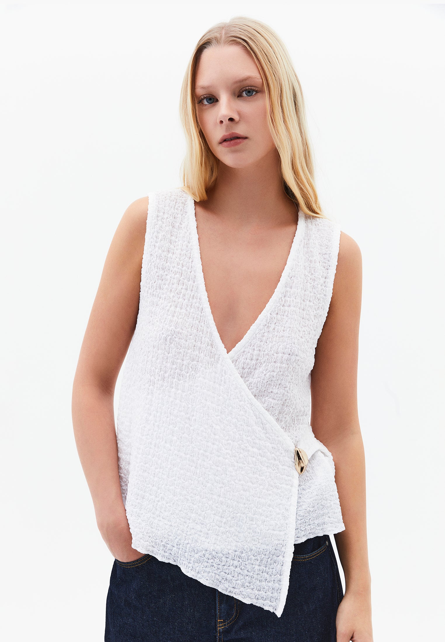 V Neck Blouse Without Sleeve Detail - WHITE