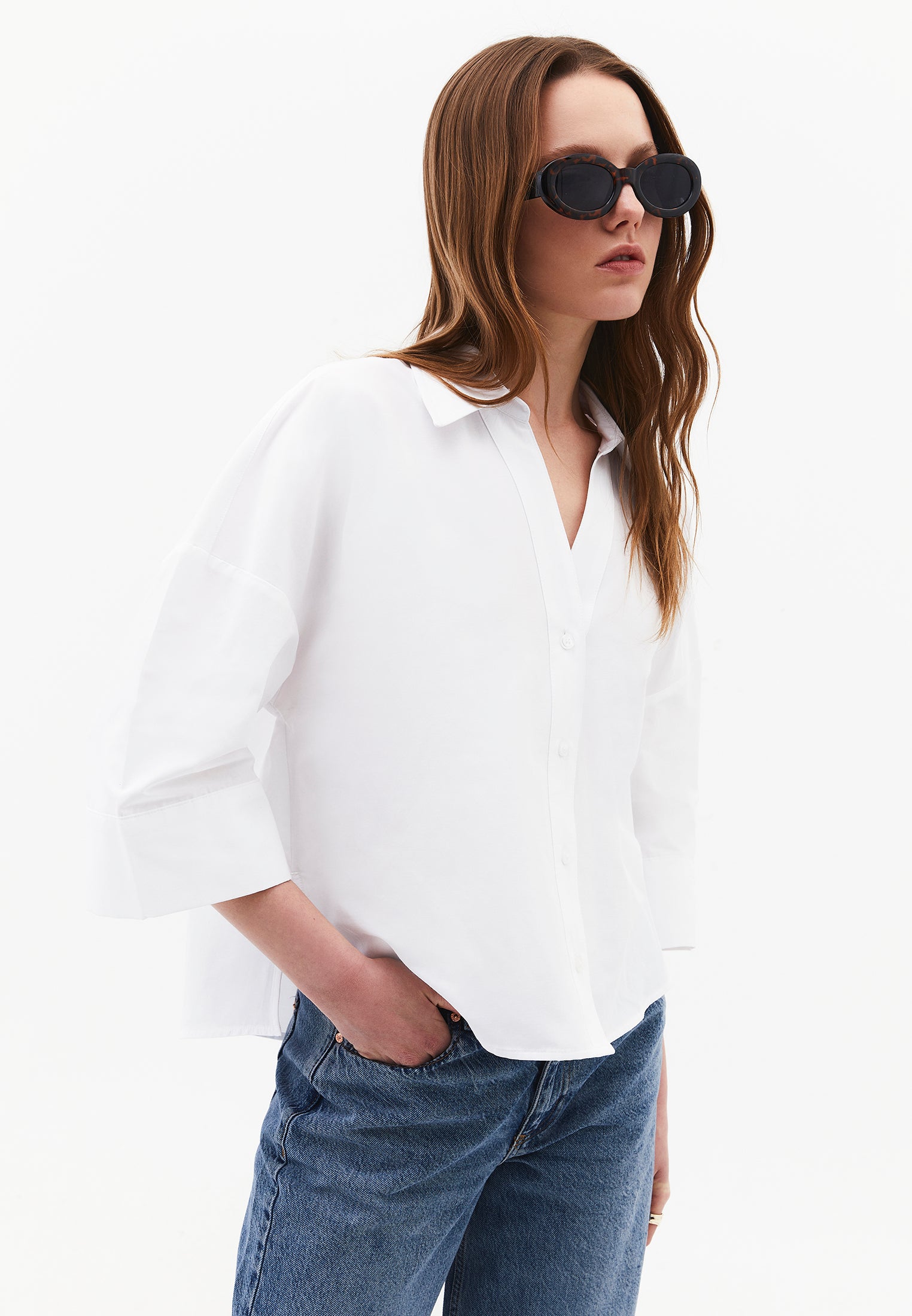 Oversize 3/4 Sleeve Buttoned Shirt - WHITE