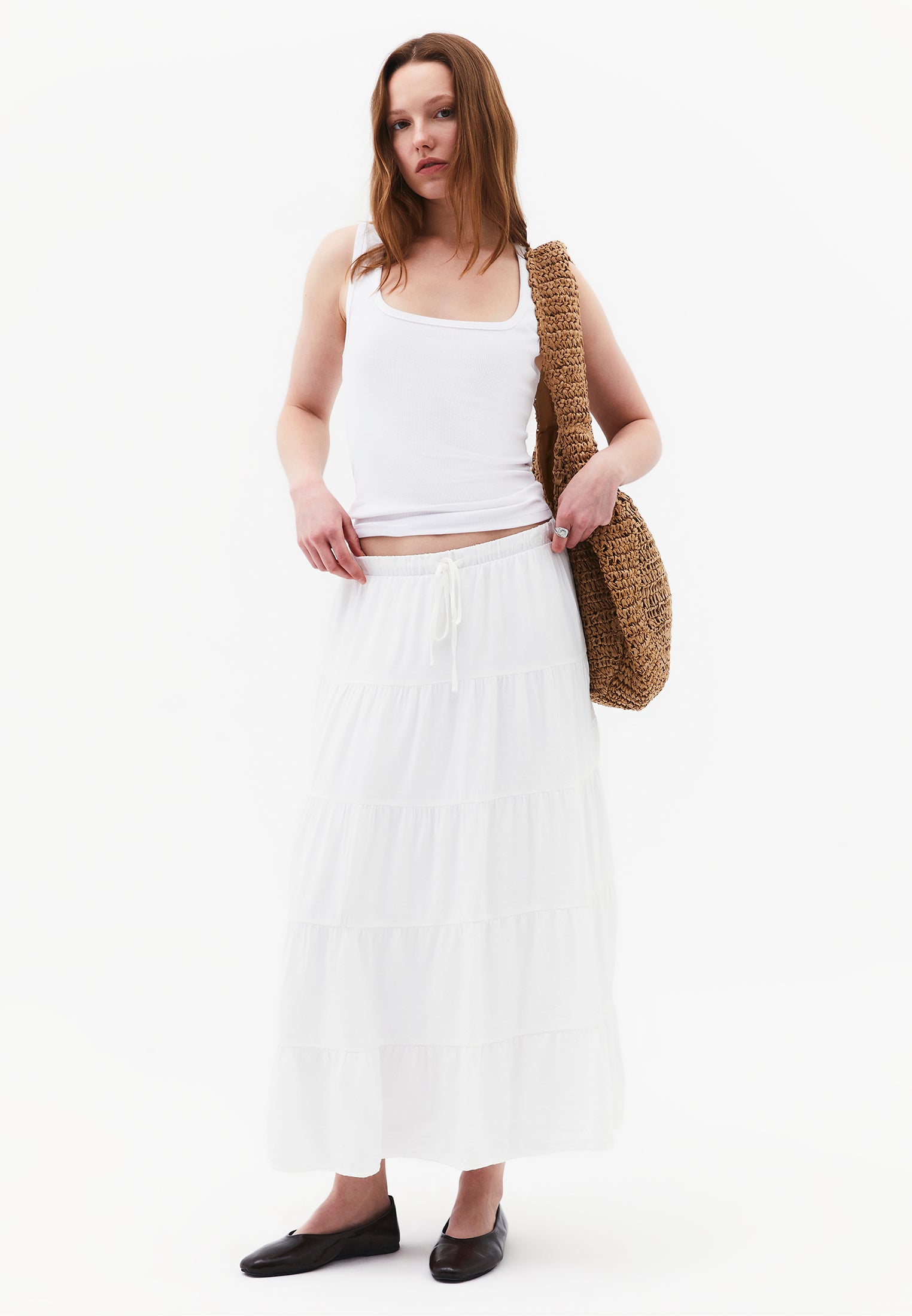 High Waist Ruched Midi Skirt - WHITE
