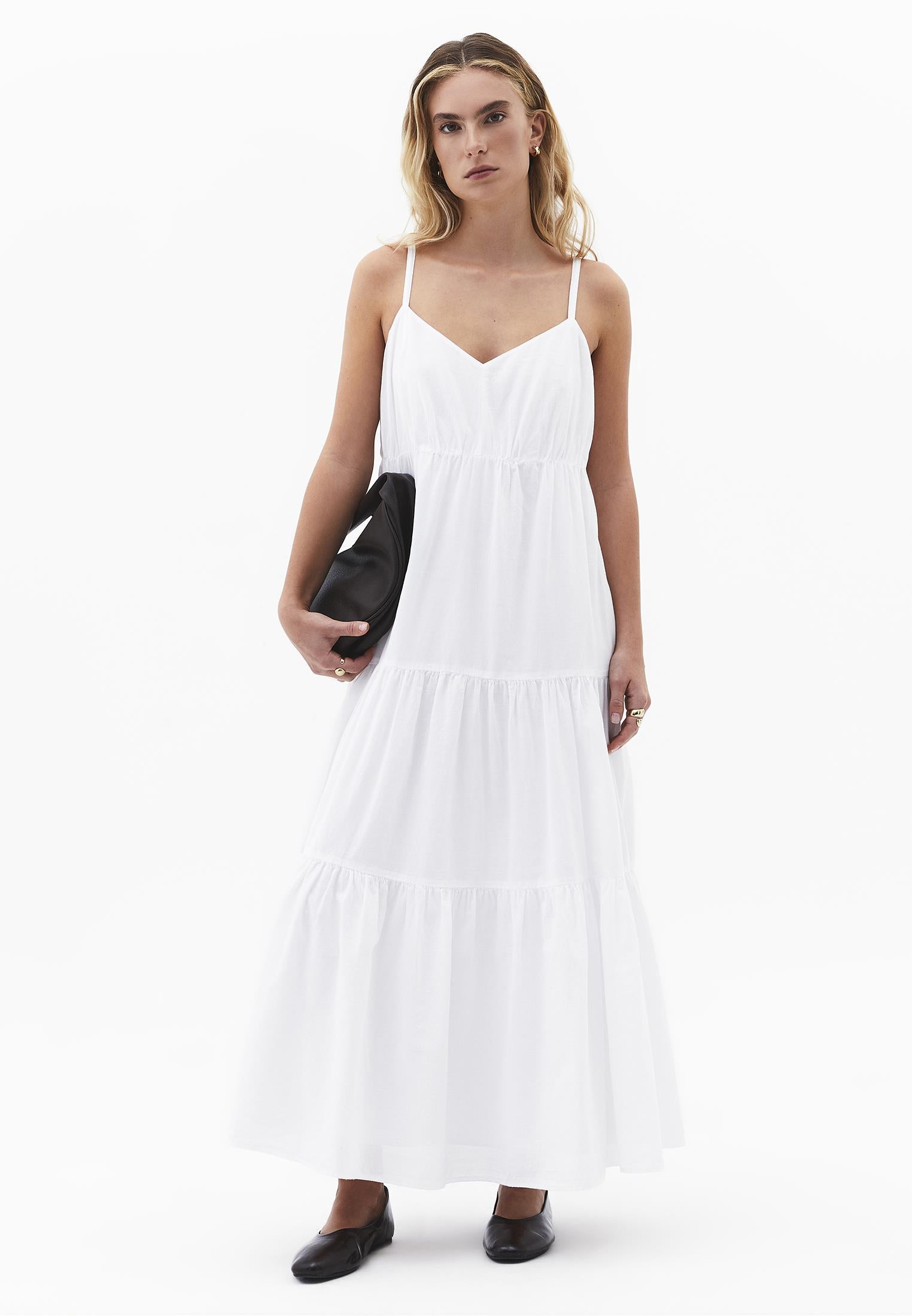 V Neck Ruched Long Dress - WHITE