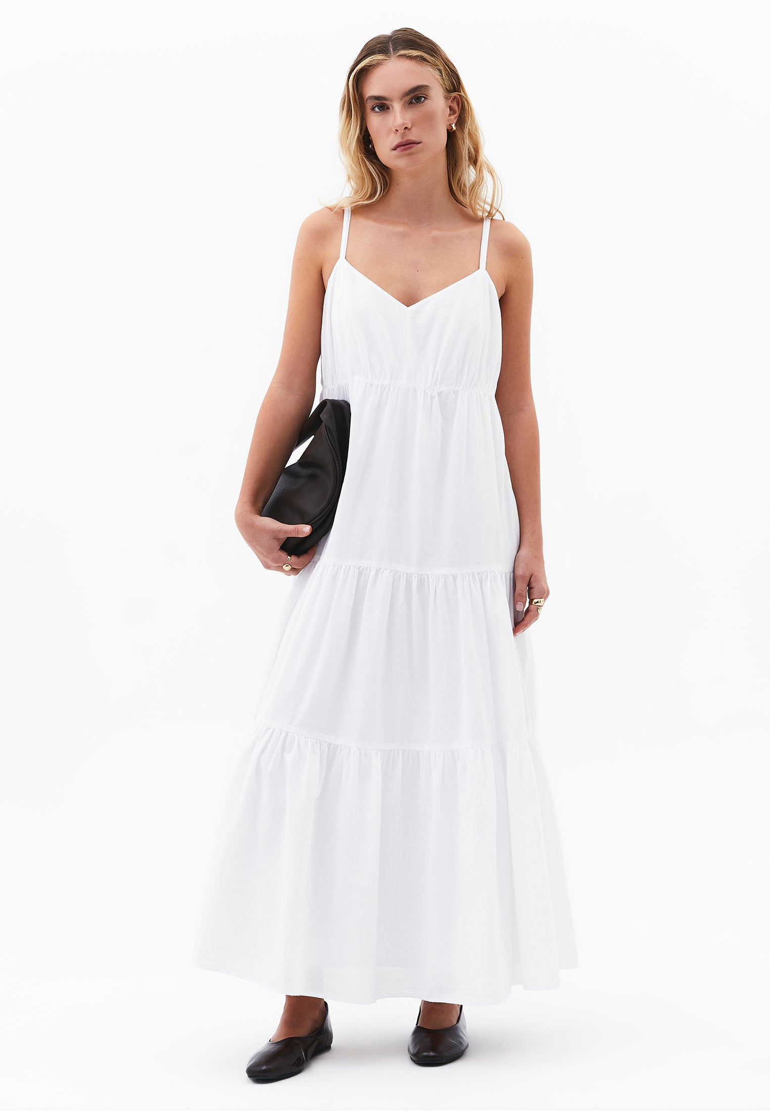 V Neck Ruched Long Dress - WHITE