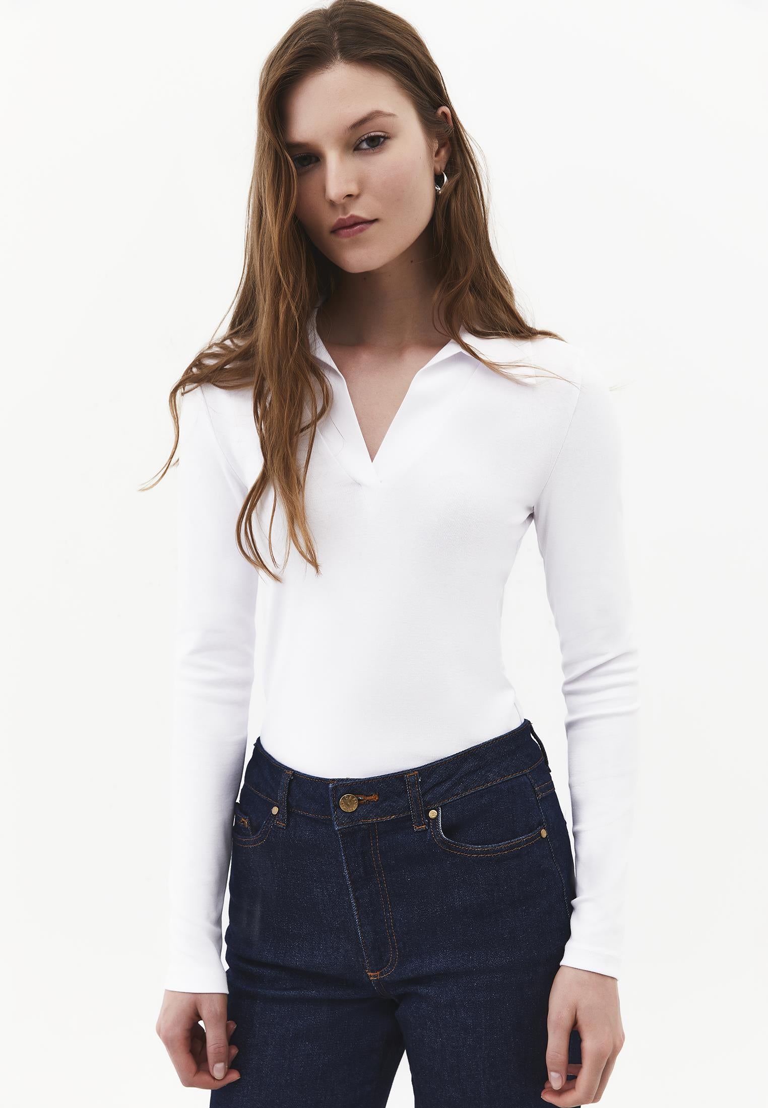 Polo Neck Long Sleeve Bodycon T-Shirt - WHITE