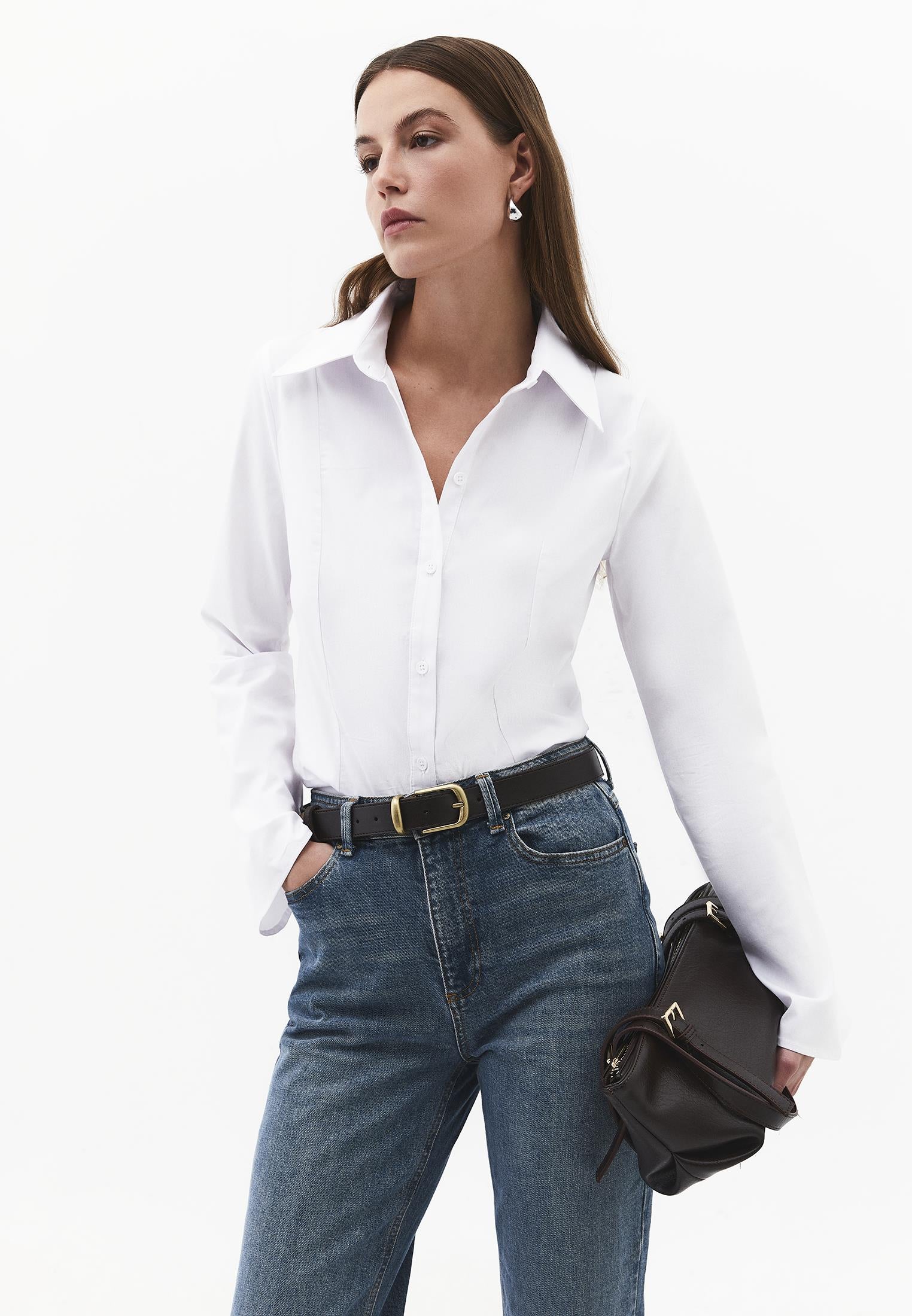 Shirt Collar Long Sleeve Buttoned Shirt - WHITE