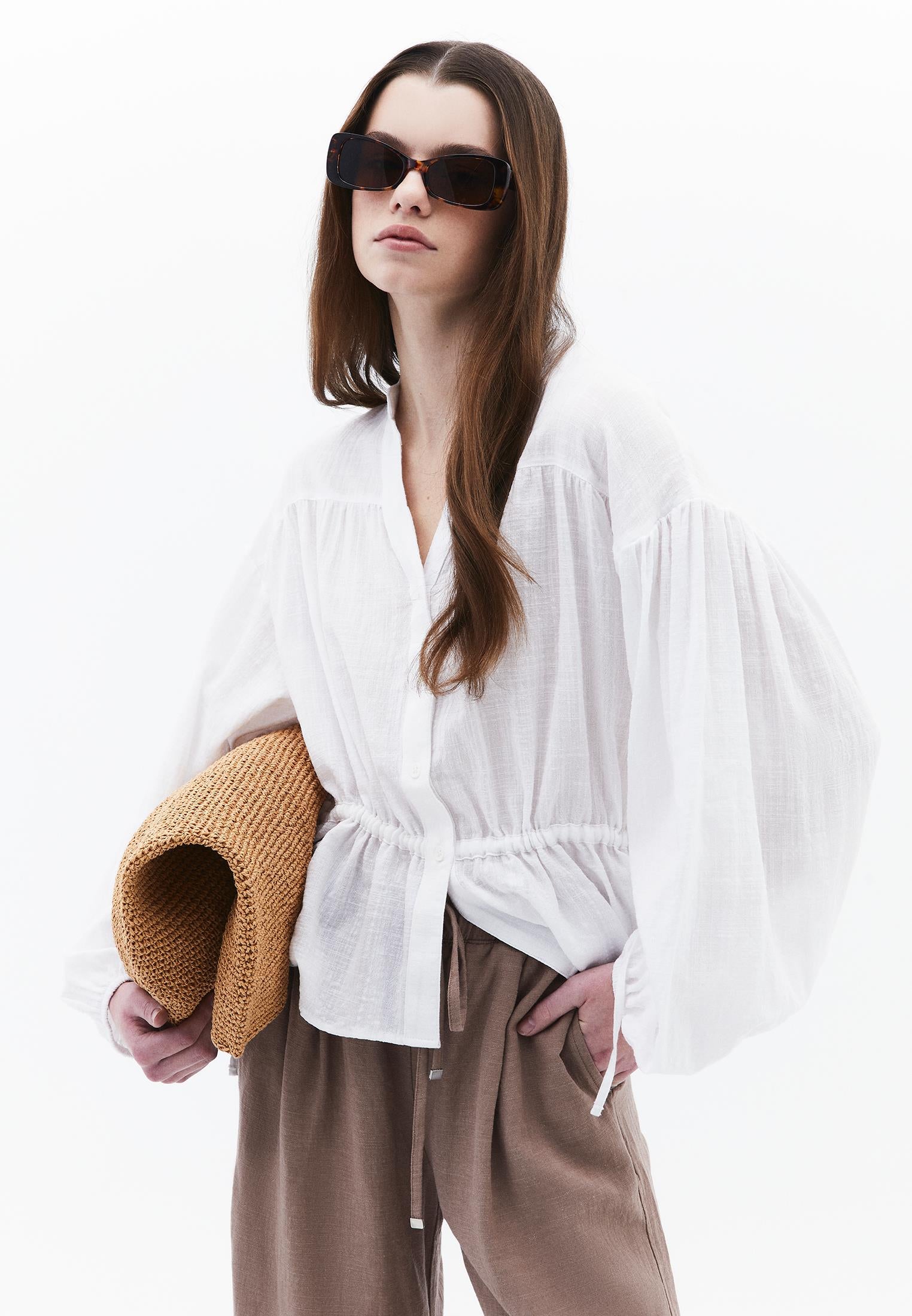 Balloon Sleeve Cotton Shirt - WHITE