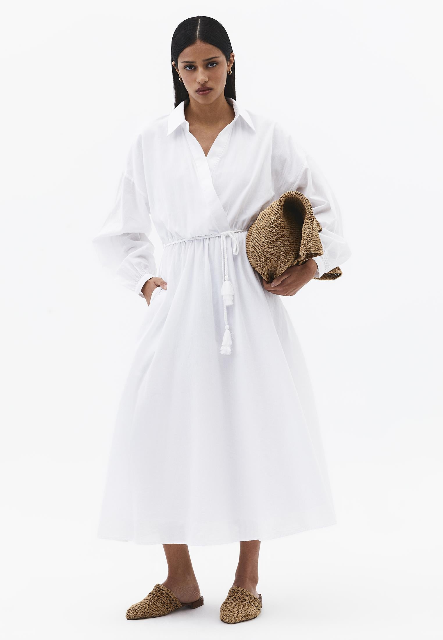 A-Line Long Shirt Collar Dress With Belt Detail - WHITE