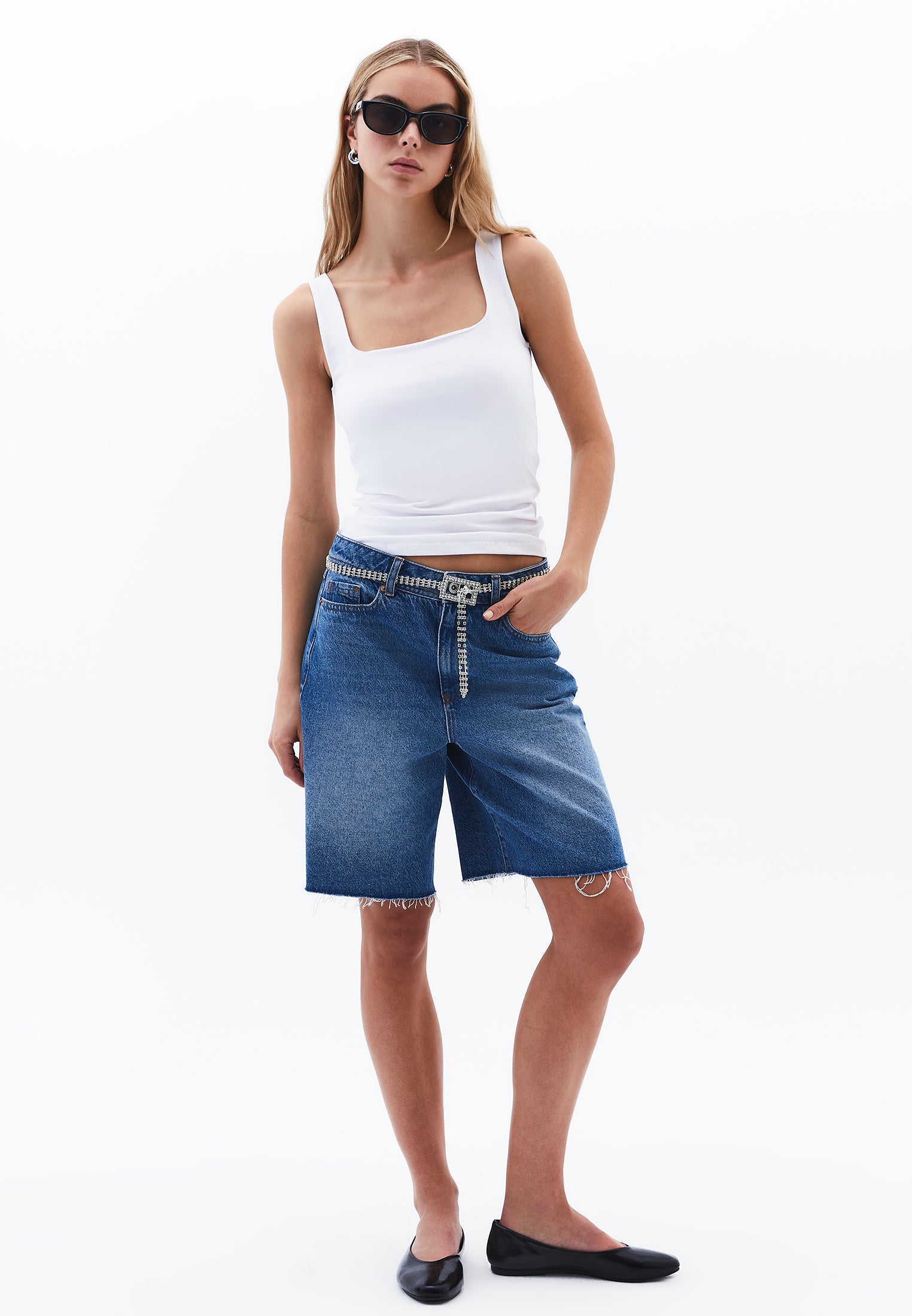 Square neck ribbed tank top - WHITE