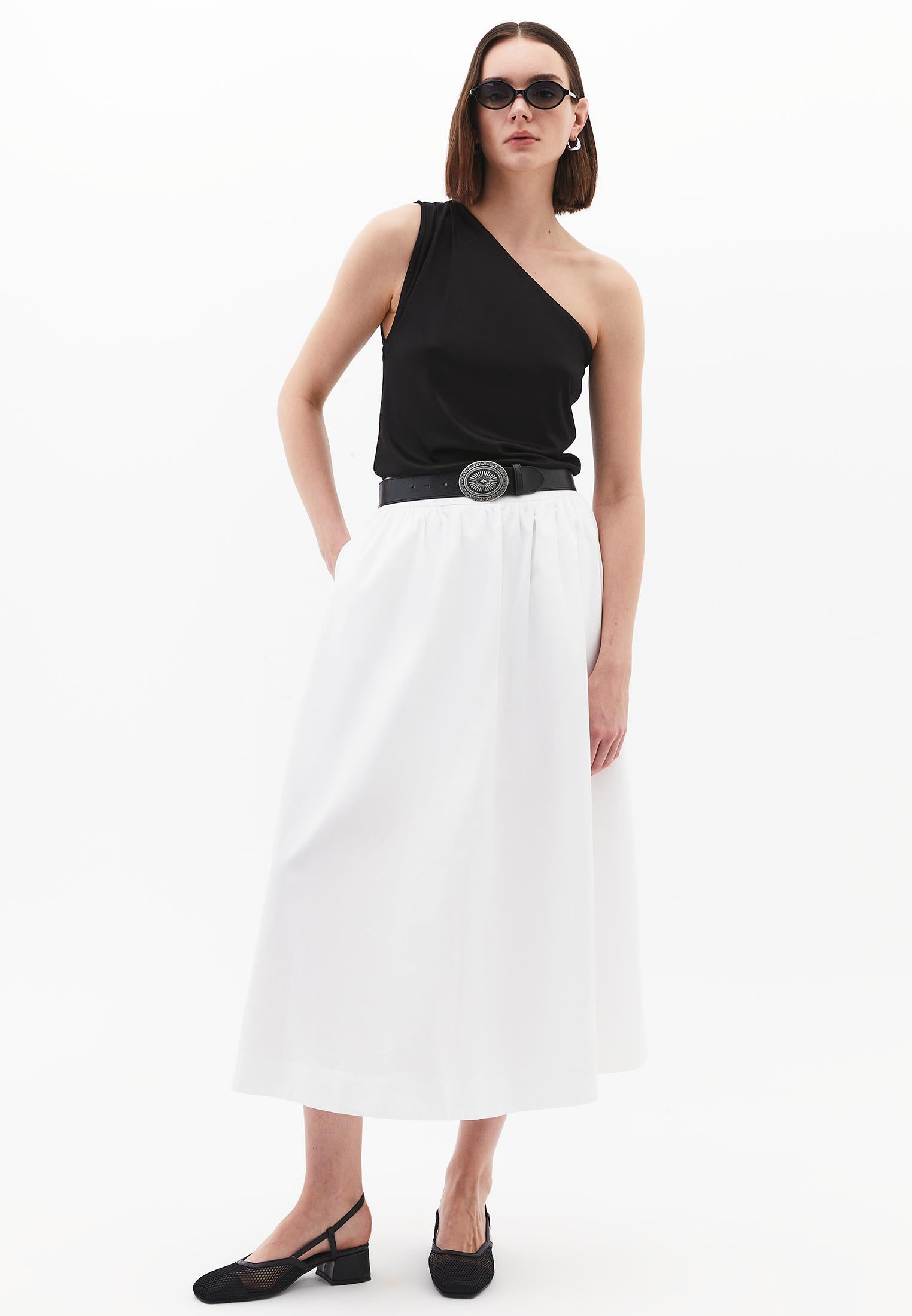 Flared Long High Waist Woven Skirt - WHITE