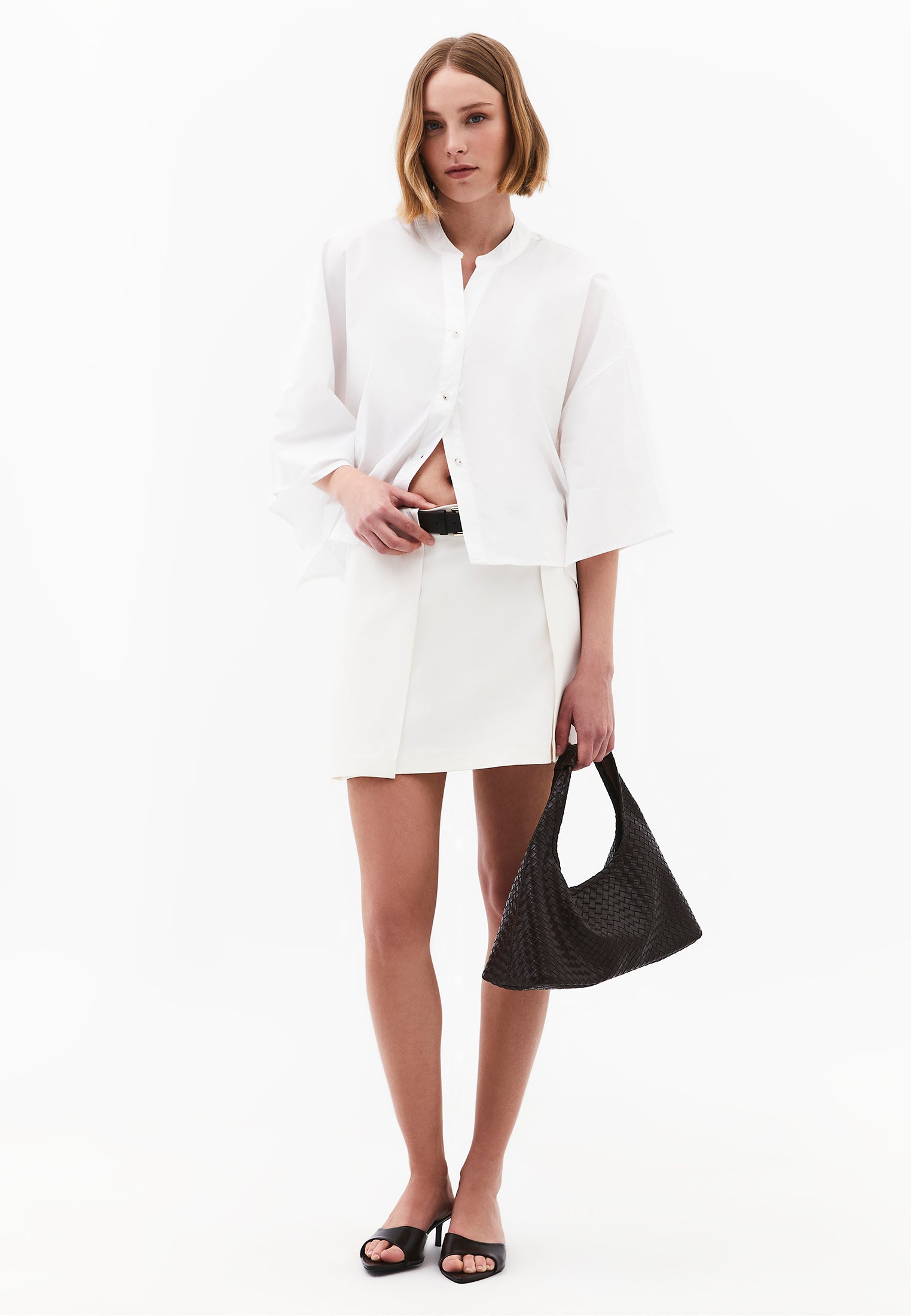 Oversized Short-Sleeve Band Collar Shirt - WHITE