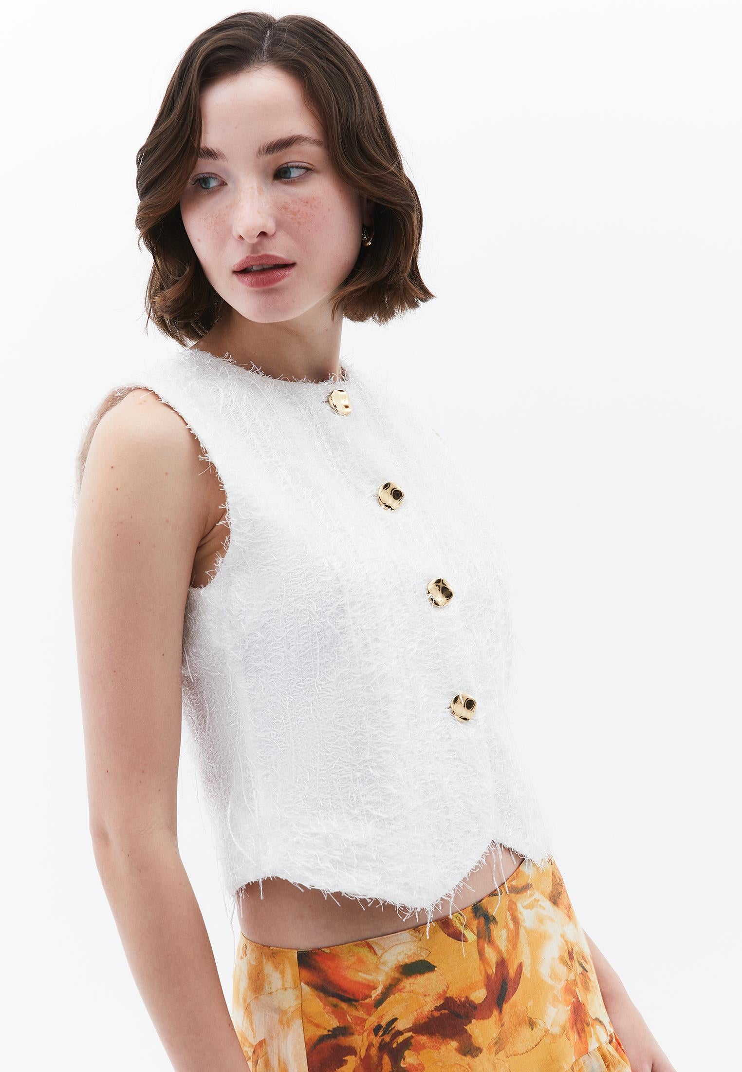Sleeveless Vest With Button And Tassel Details - WHITE