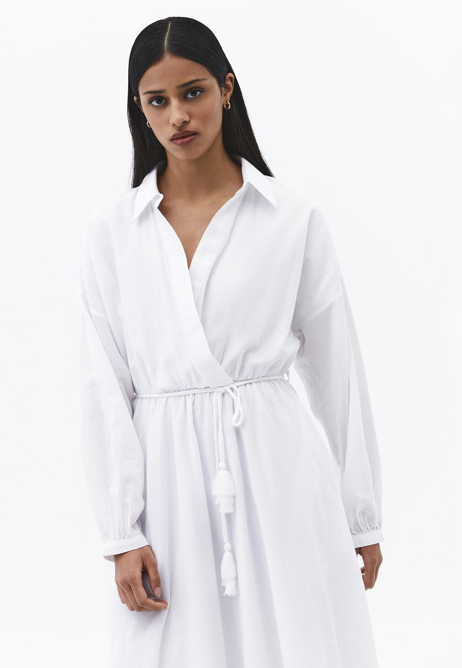 A-Line Long Shirt Collar Dress With Belt Detail - WHITE