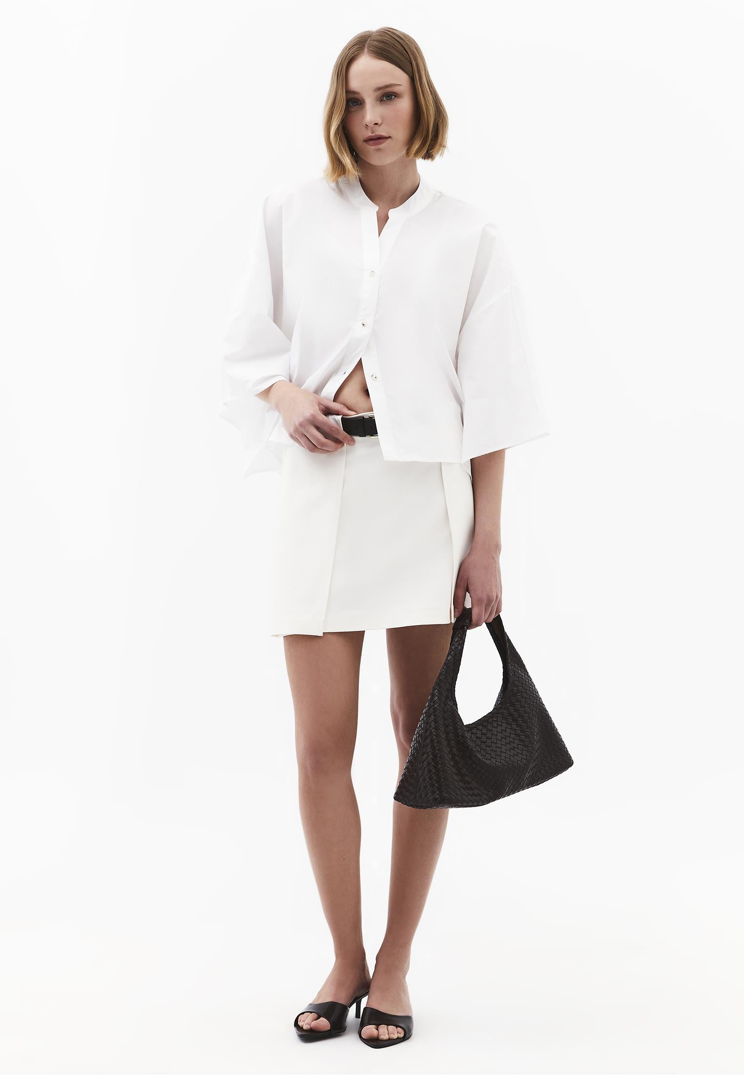 Oversized Short-Sleeve Band Collar Shirt - WHITE