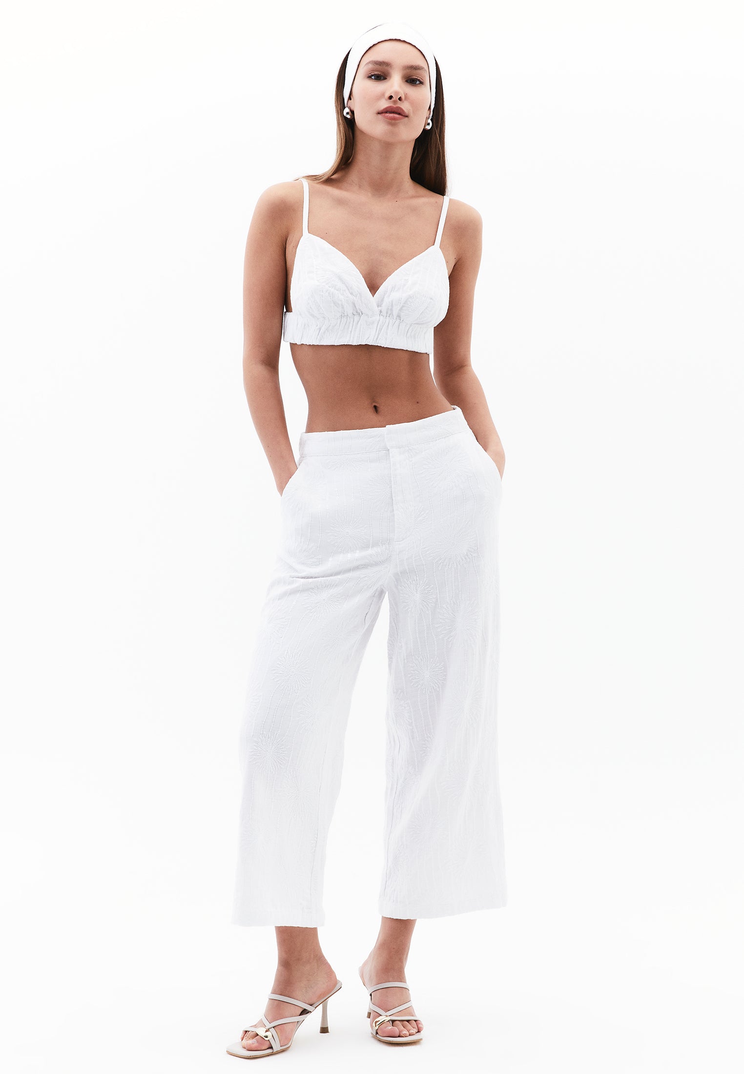 Wide Leg High Waist Pants With Embroidery Detail - WHITE