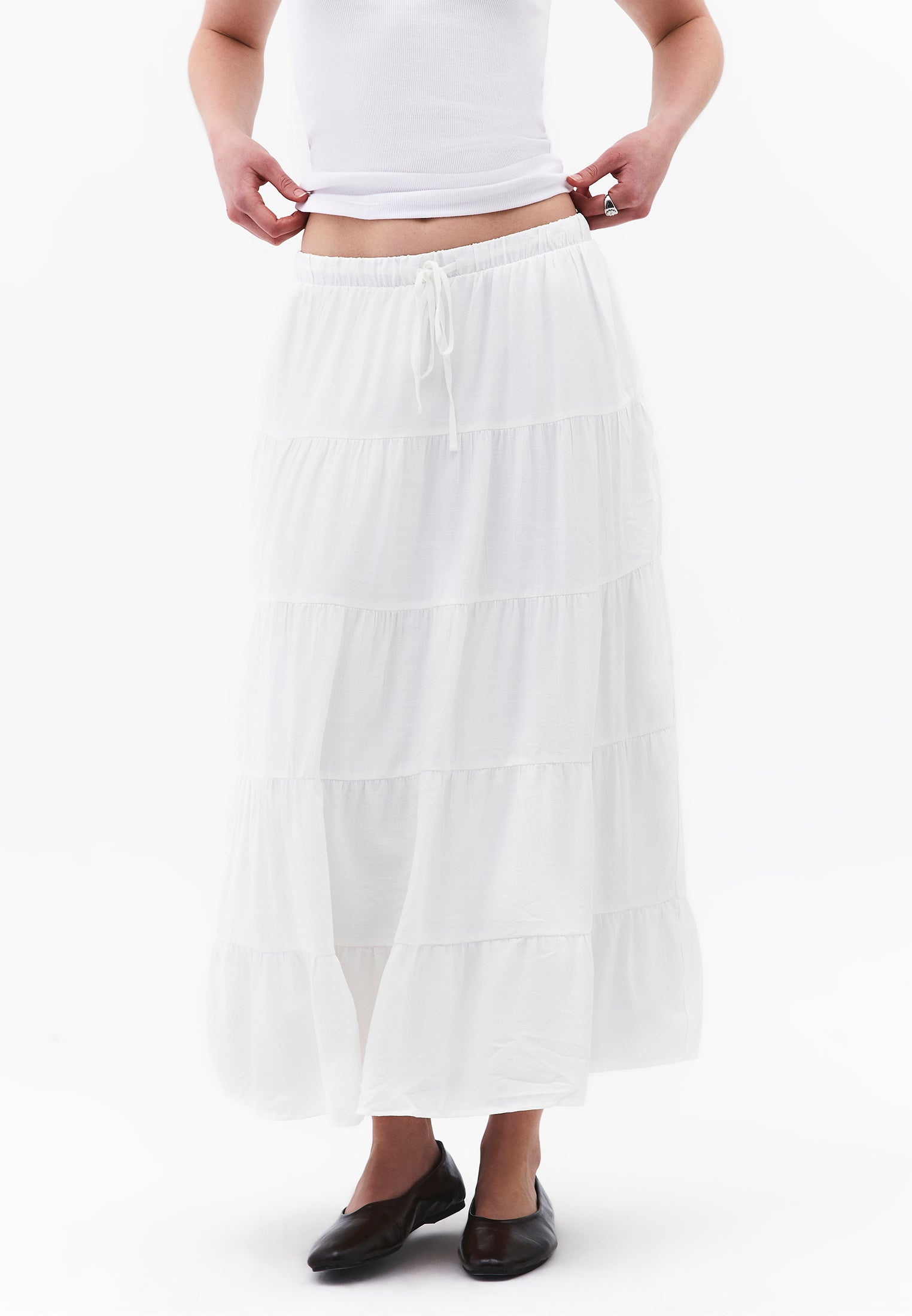 High Waist Ruched Midi Skirt - WHITE