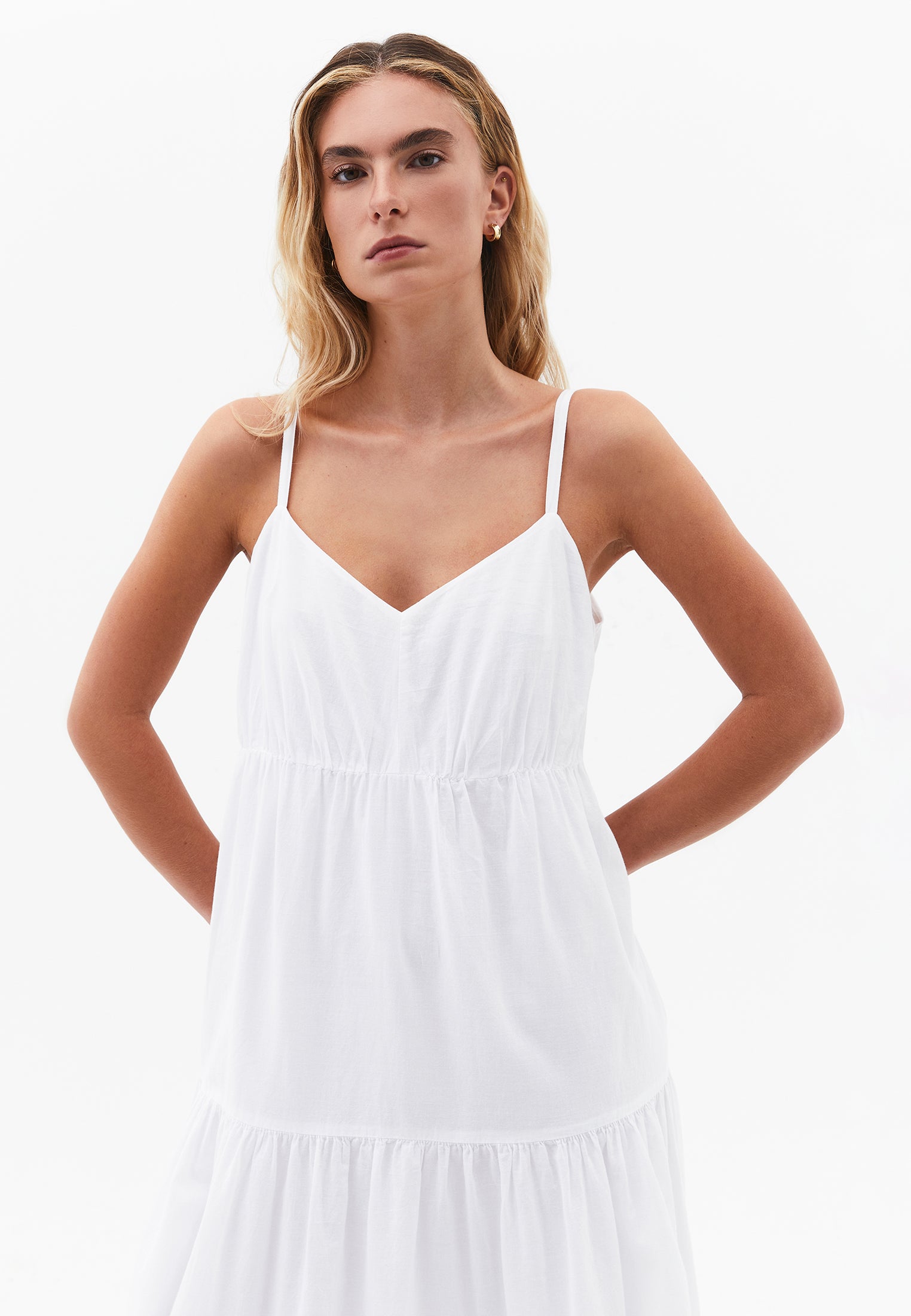 V Neck Ruched Long Dress - WHITE