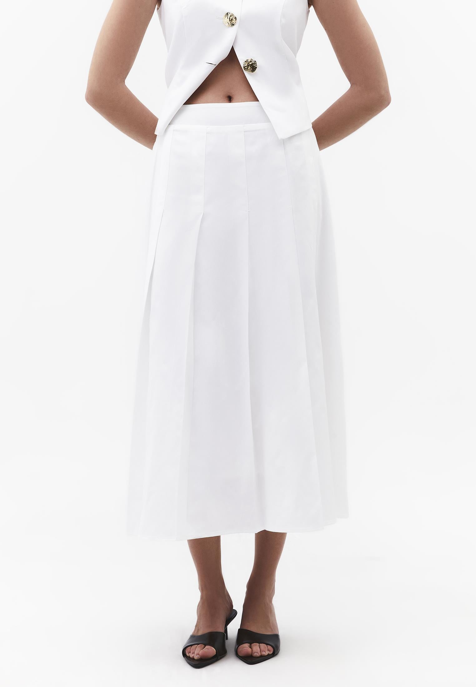 Pleated Flared Midi Skirt - WHITE