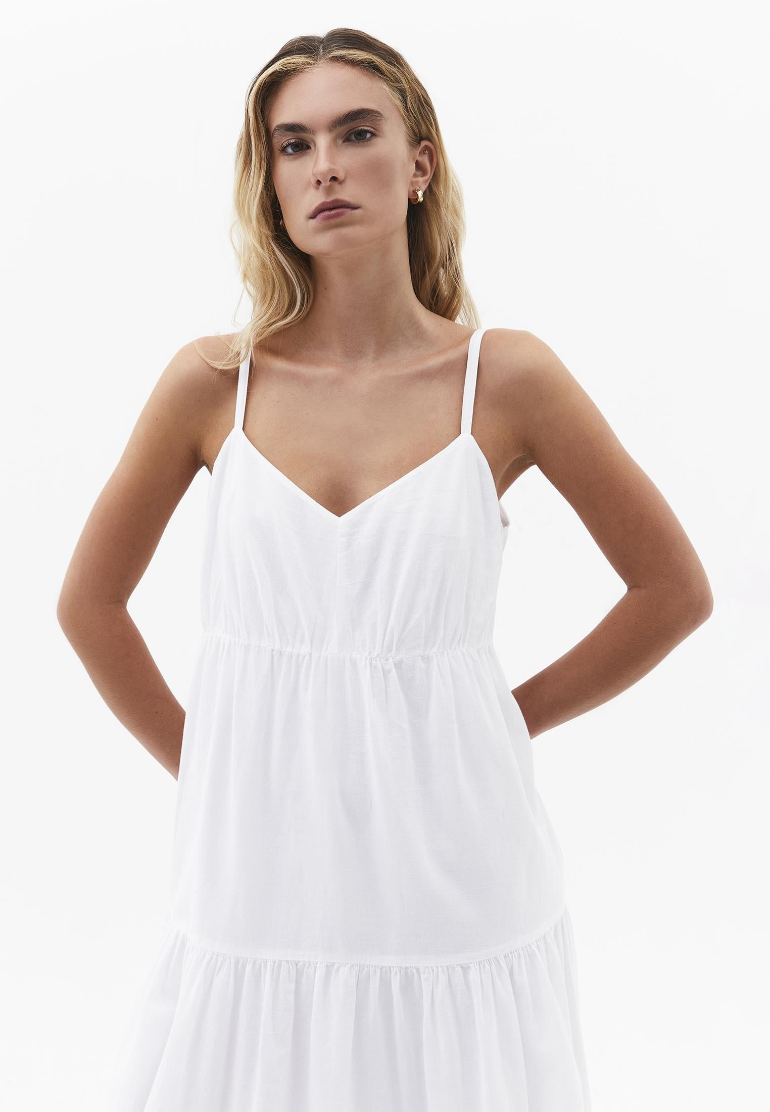 V Neck Ruched Long Dress - WHITE