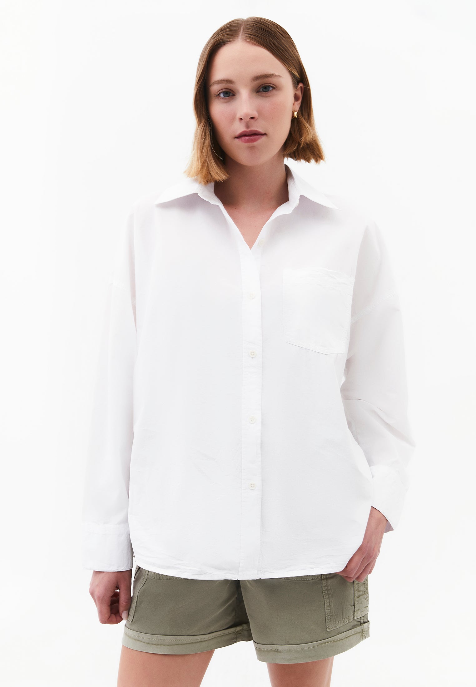 Oversized Long-Sleeve Shirt with Pocket Detail - WHITE