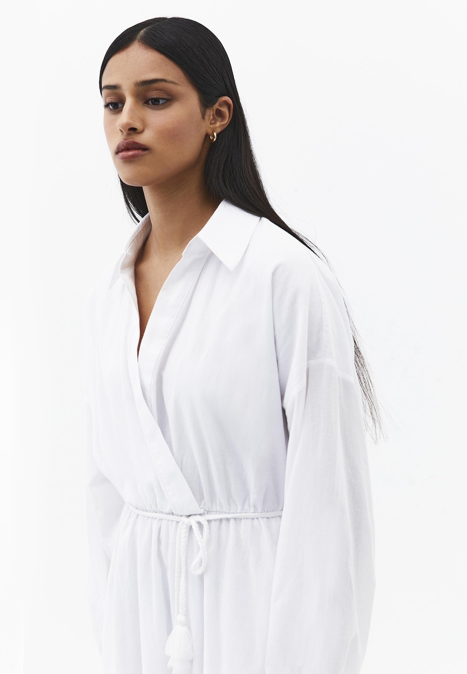 A-Line Long Shirt Collar Dress With Belt Detail - WHITE