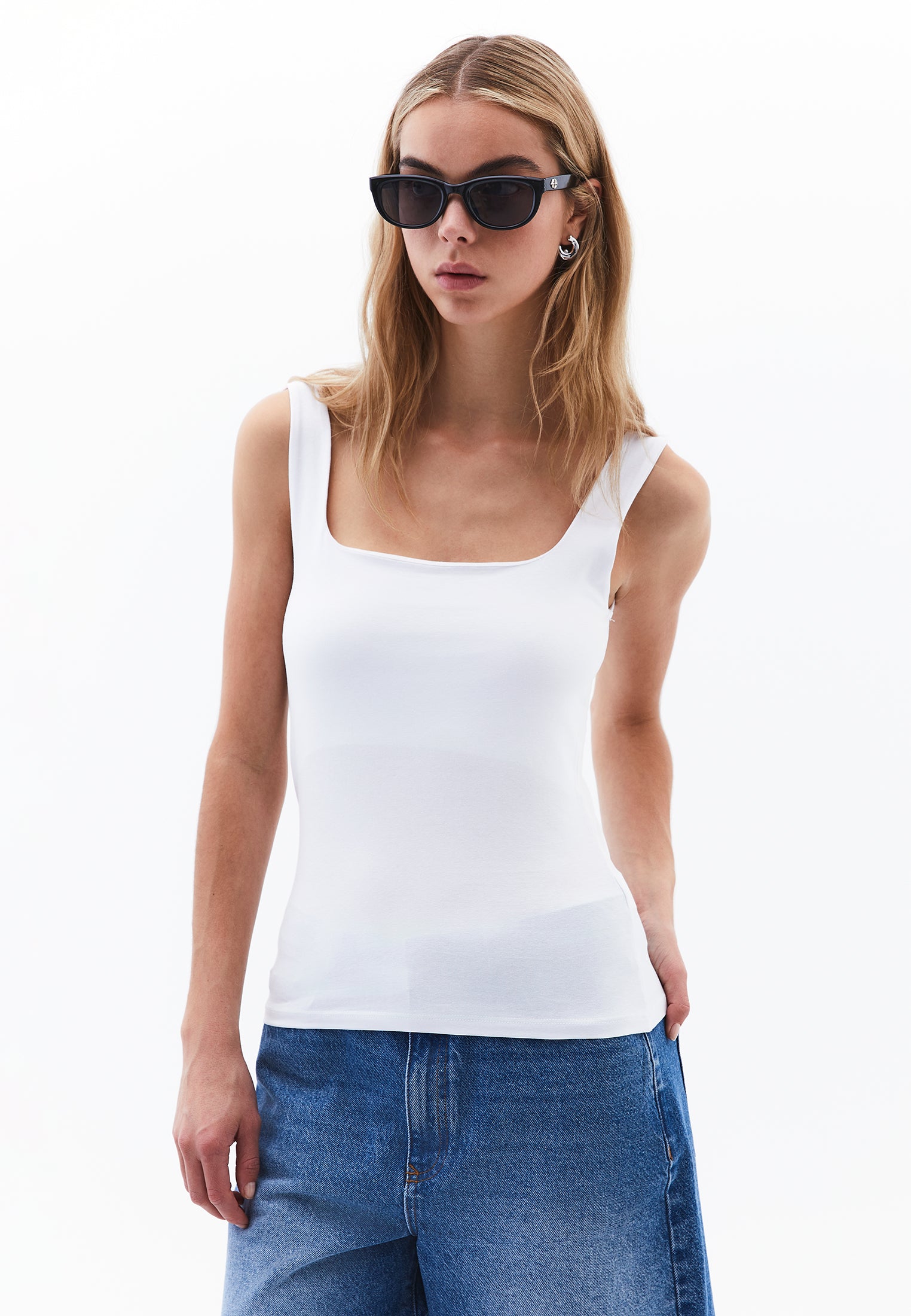 Square neck ribbed tank top - WHITE