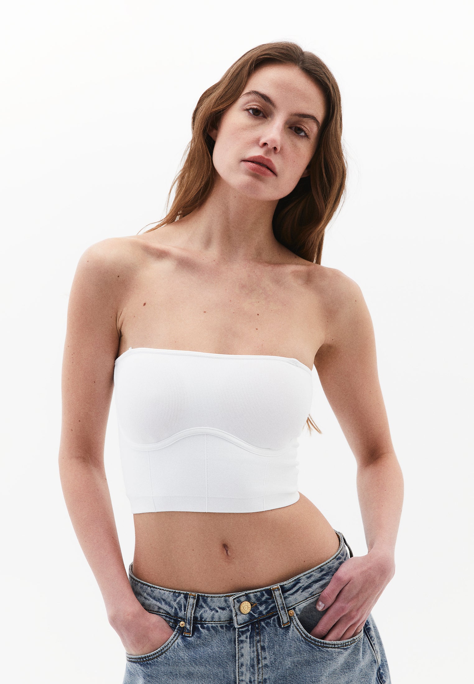 Jacquard Strapless Sleeveless Top - WHITE
