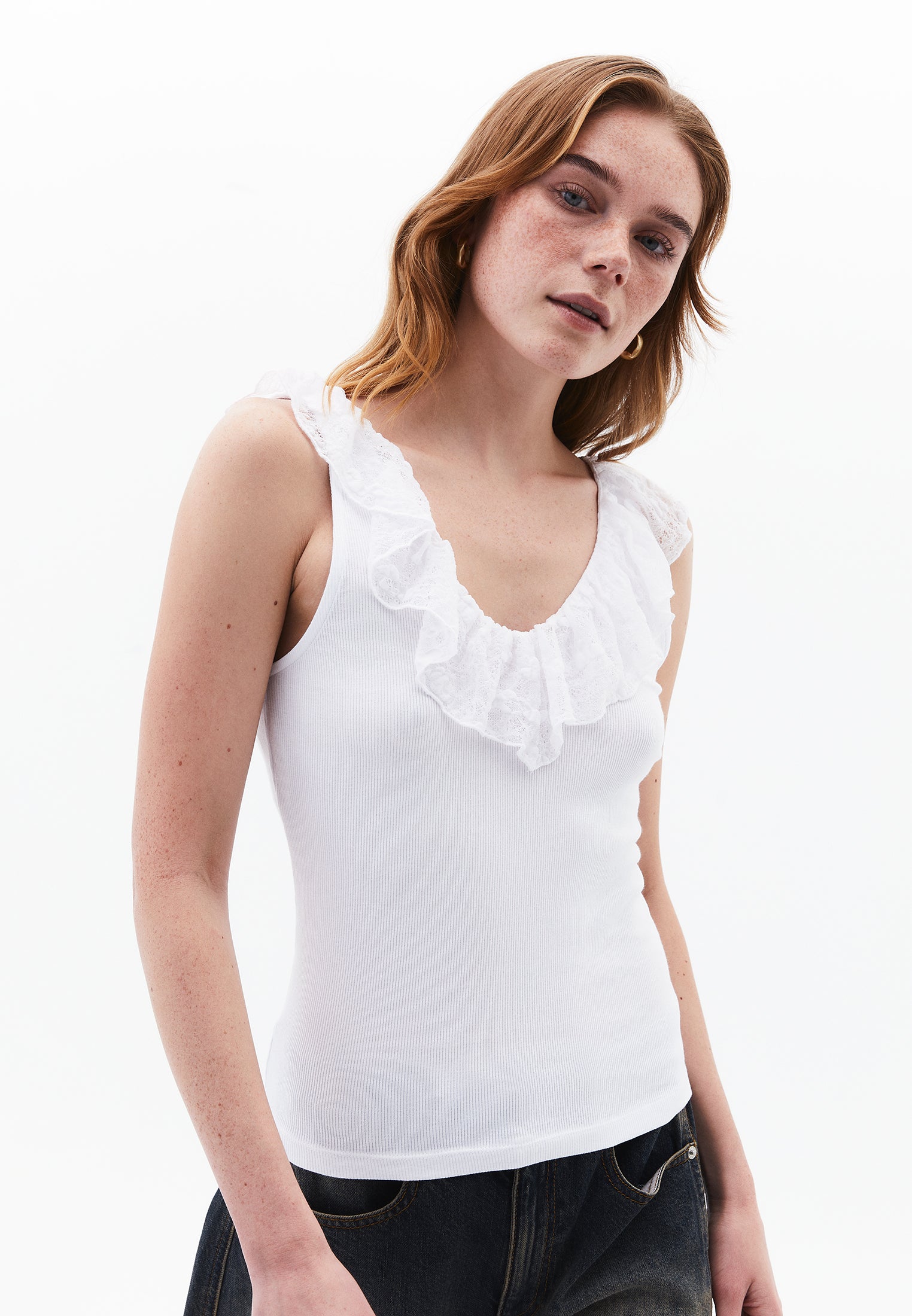 V Neck Frilled Tank Top - WHITE