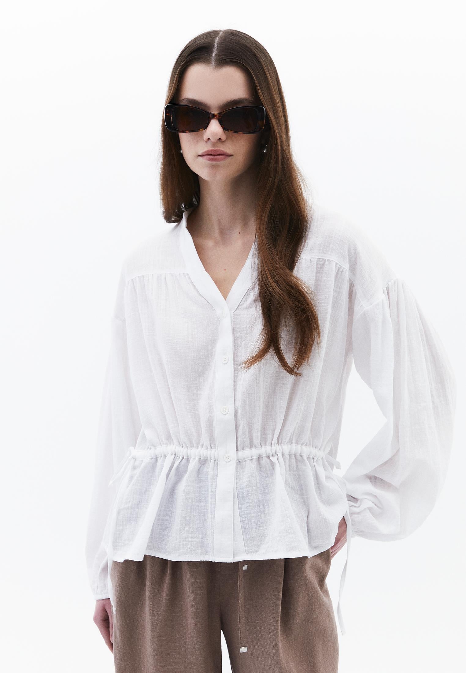Balloon Sleeve Cotton Shirt - WHITE