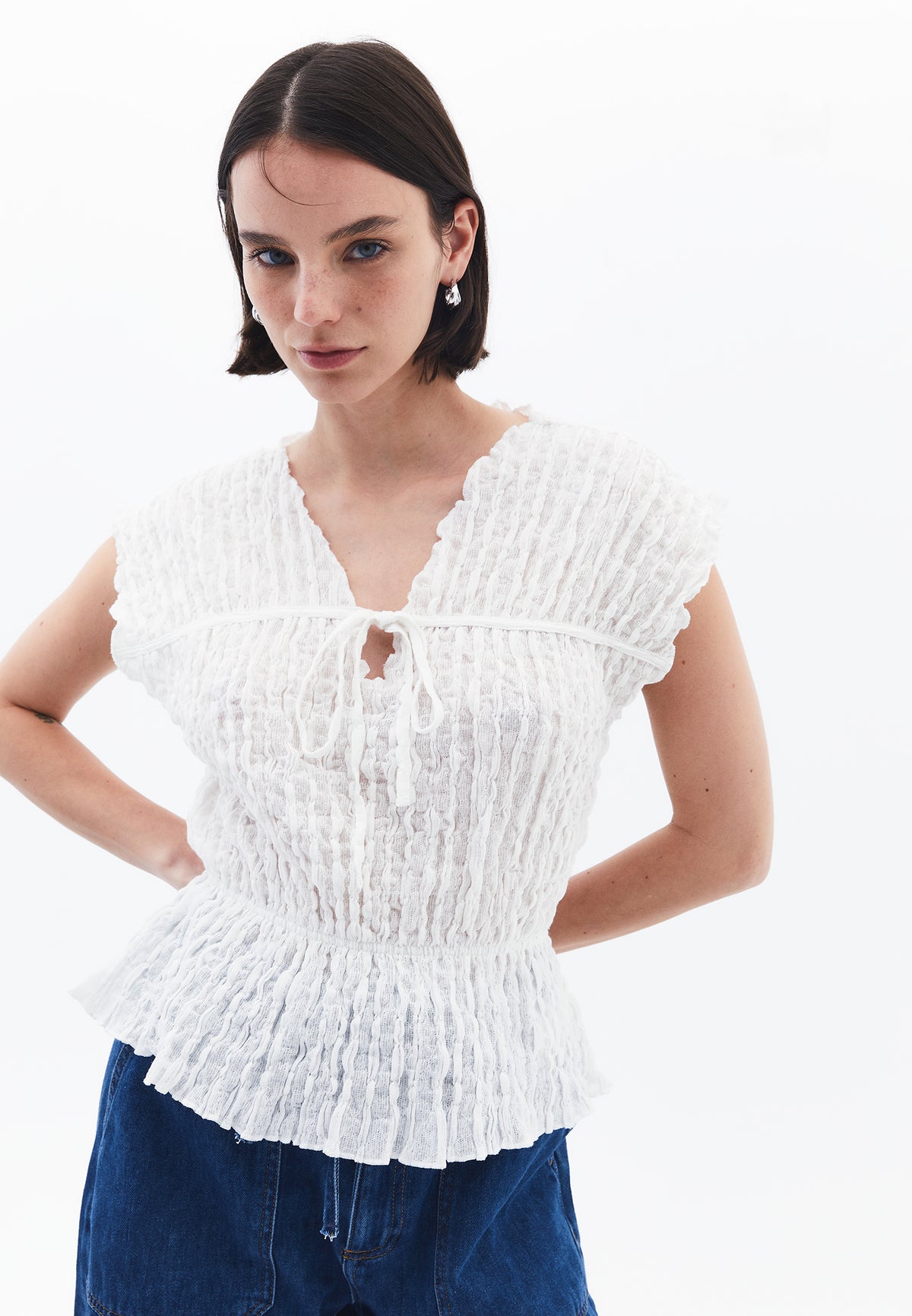 Loose Fit V Neck Short Sleeve Blouse - White