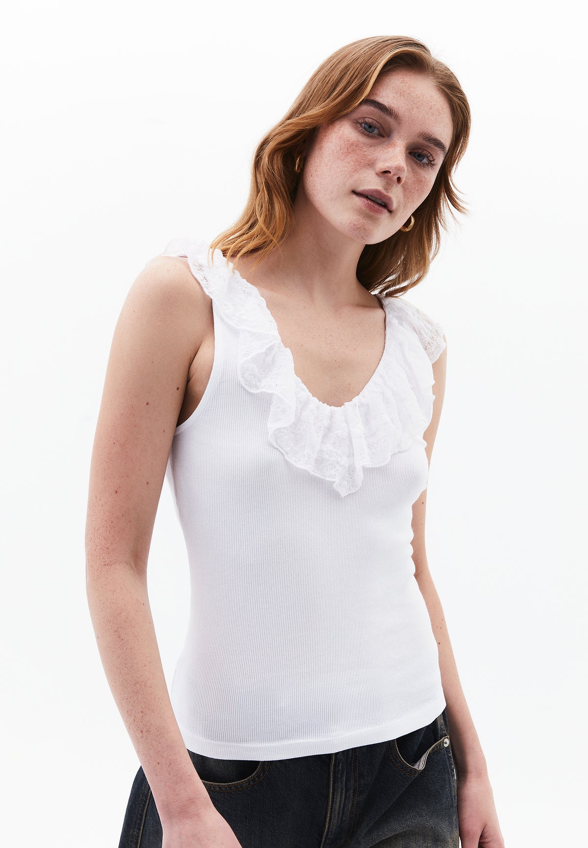 V Neck Frilled Tank Top - WHITE