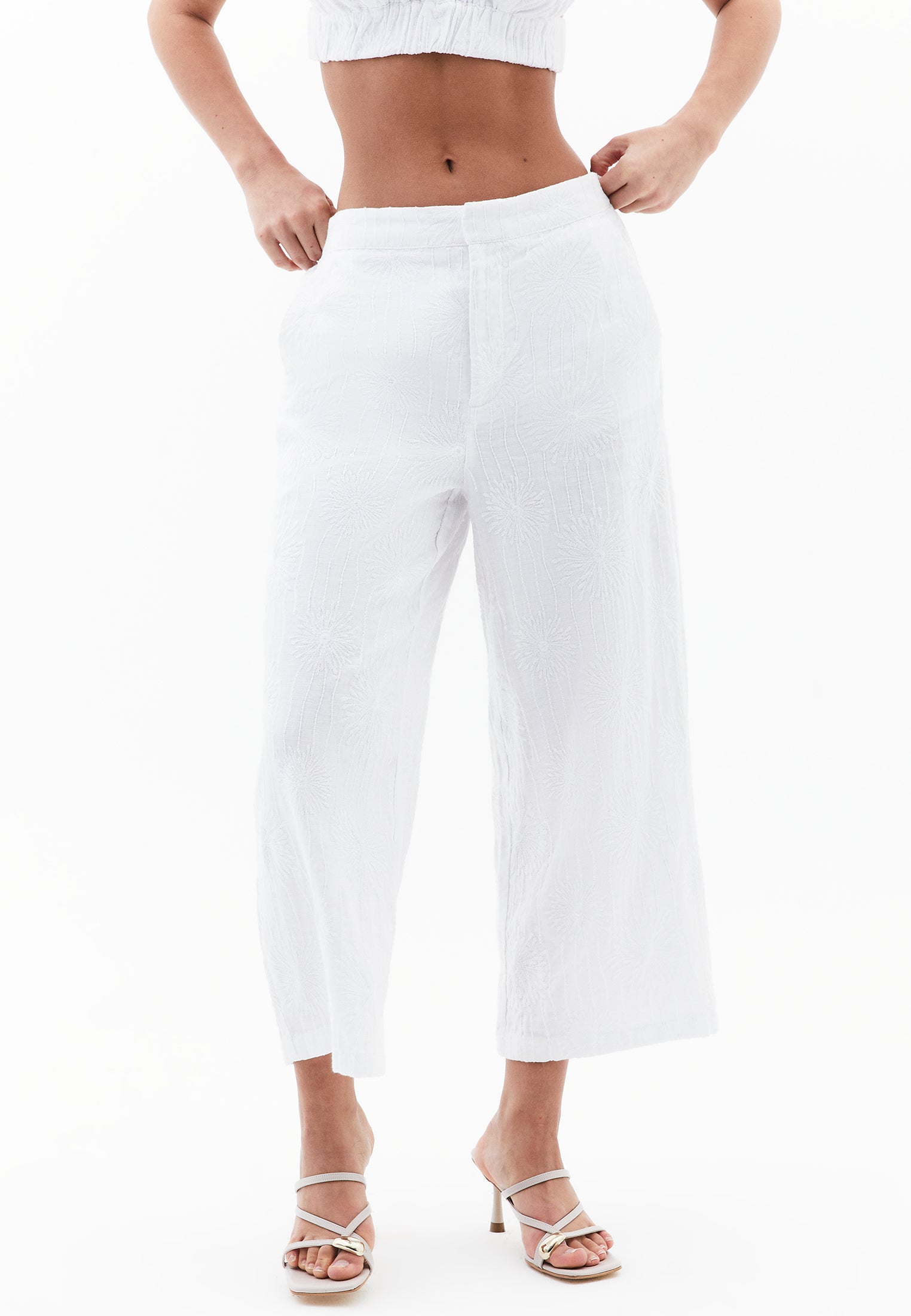 Wide Leg High Waist Pants With Embroidery Detail - WHITE