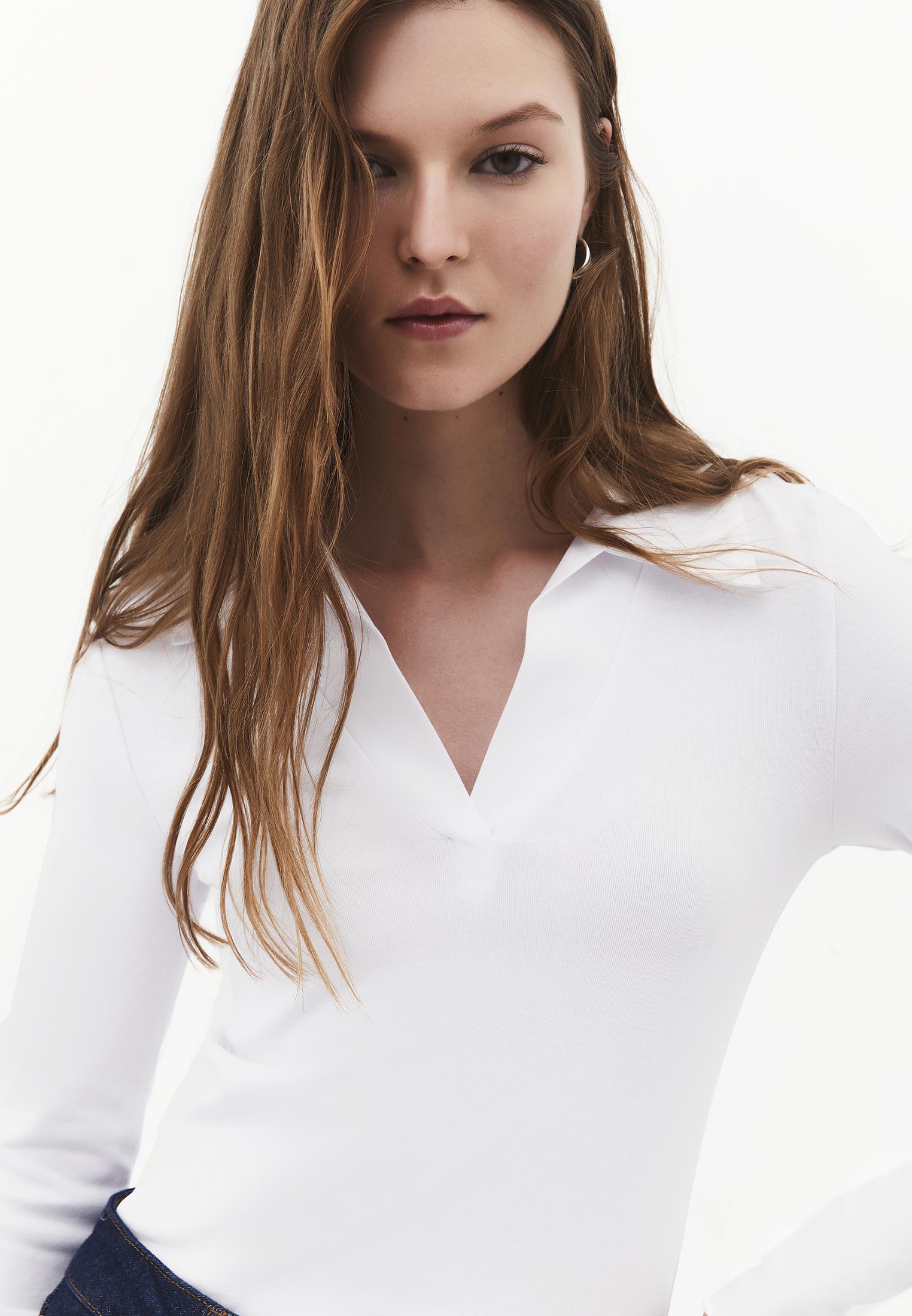 Polo Neck Long Sleeve Bodycon T-Shirt - WHITE
