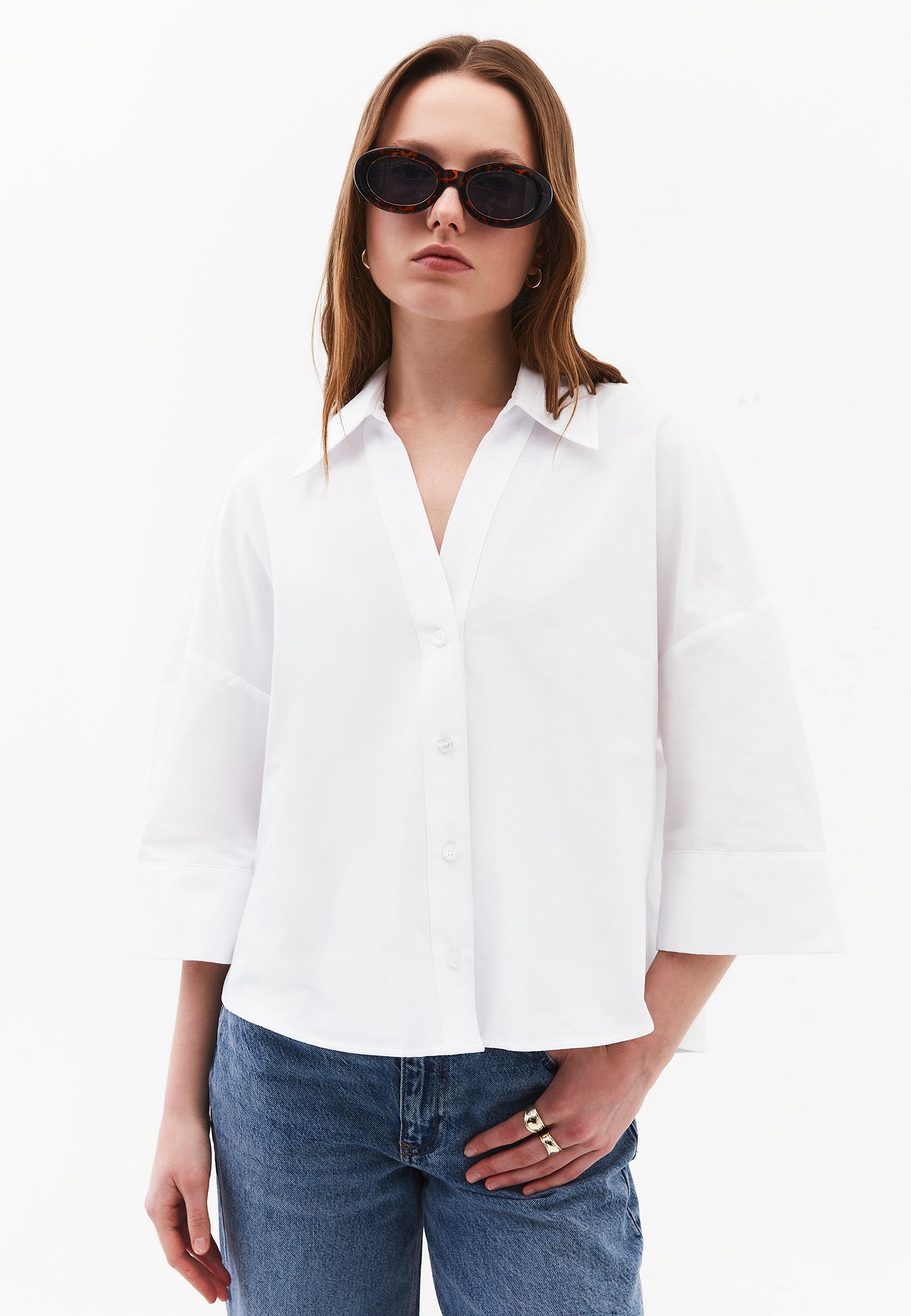 Oversize 3/4 Sleeve Buttoned Shirt - WHITE
