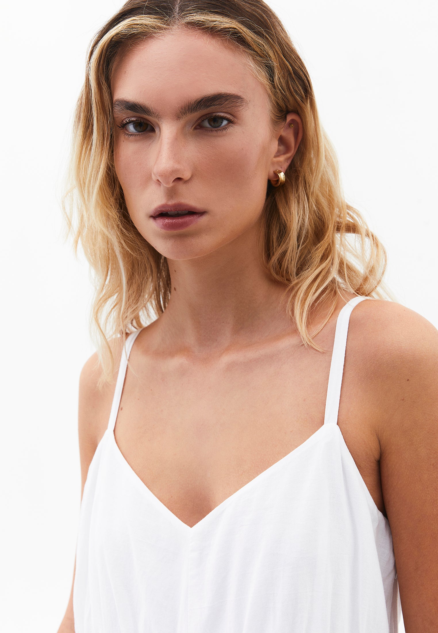 V Neck Ruched Long Dress - WHITE