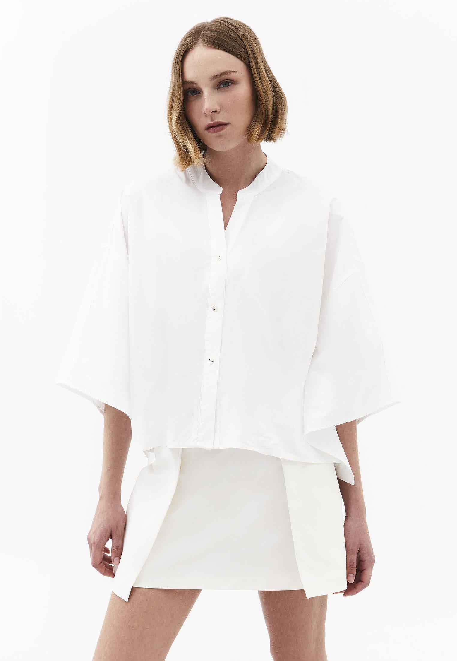 Oversized Short-Sleeve Band Collar Shirt - WHITE