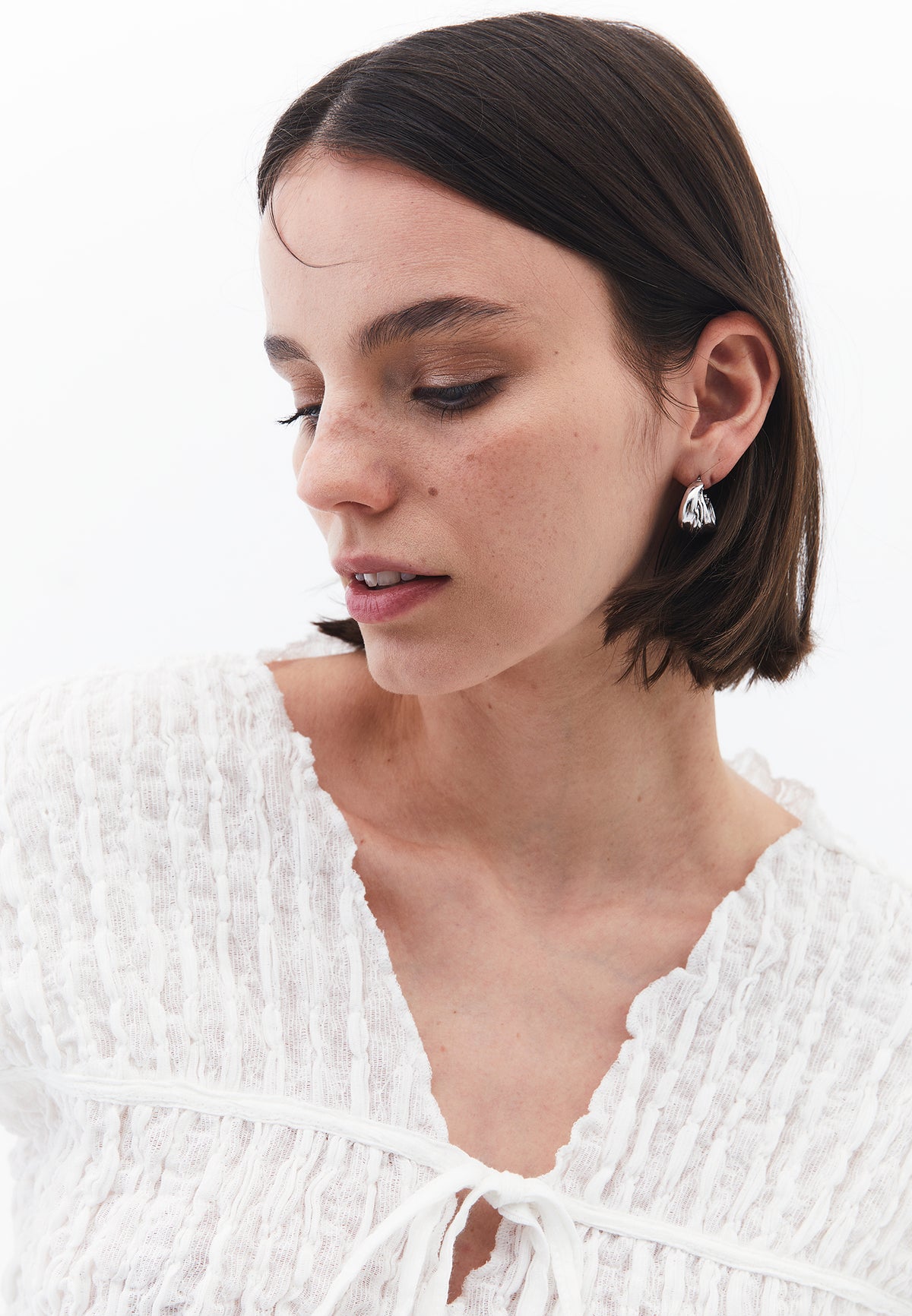 Loose Fit V Neck Short Sleeve Blouse - White