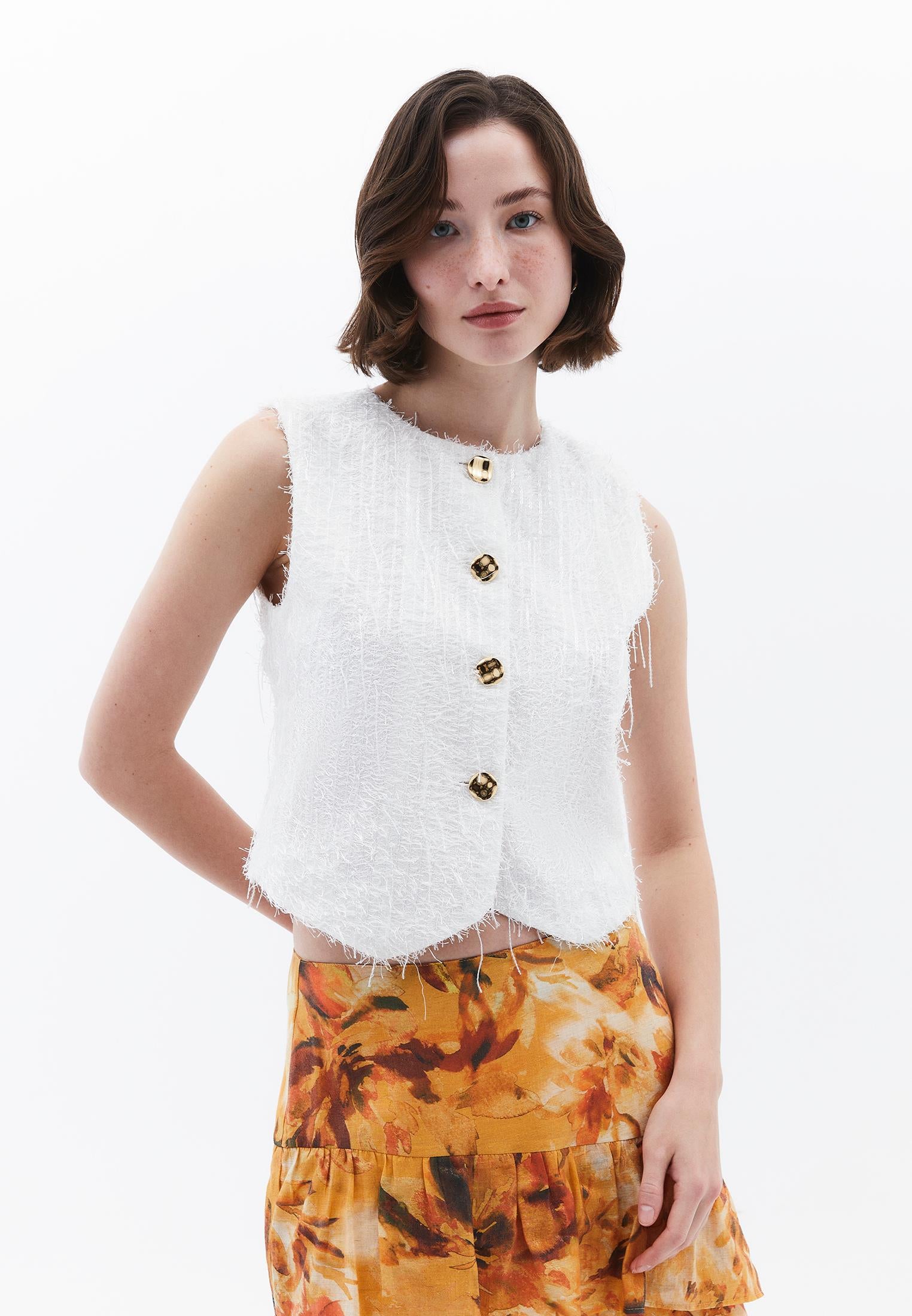 Sleeveless Vest With Button And Tassel Details - WHITE