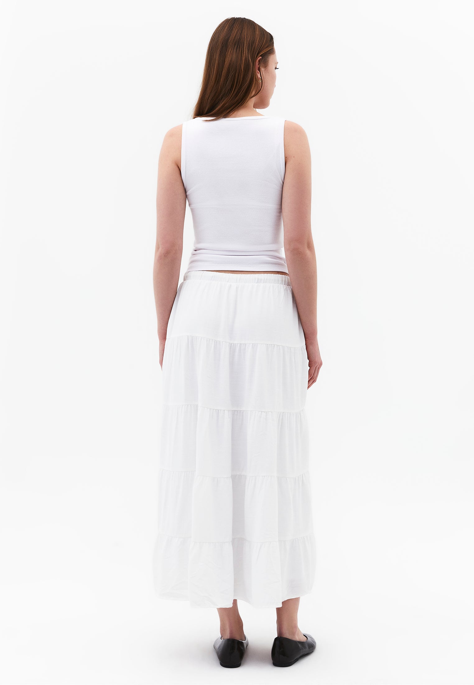 High Waist Ruched Midi Skirt - WHITE