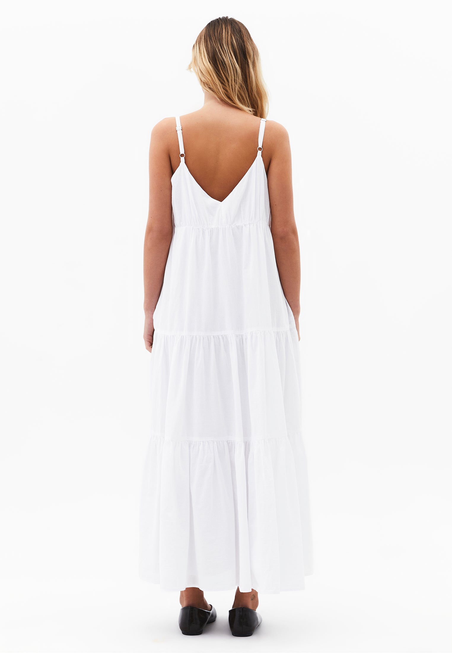 V Neck Ruched Long Dress - WHITE