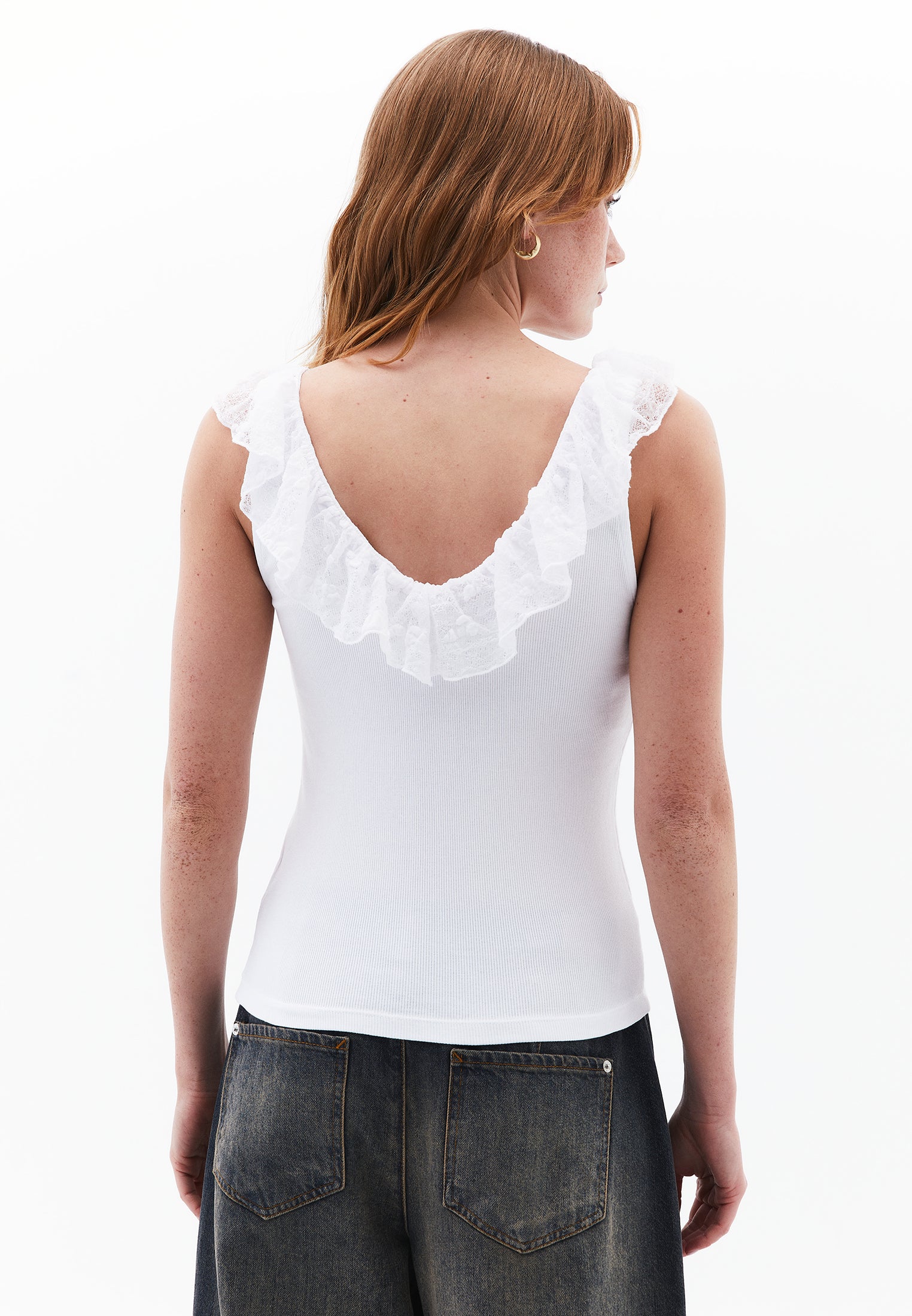 V Neck Frilled Tank Top - WHITE
