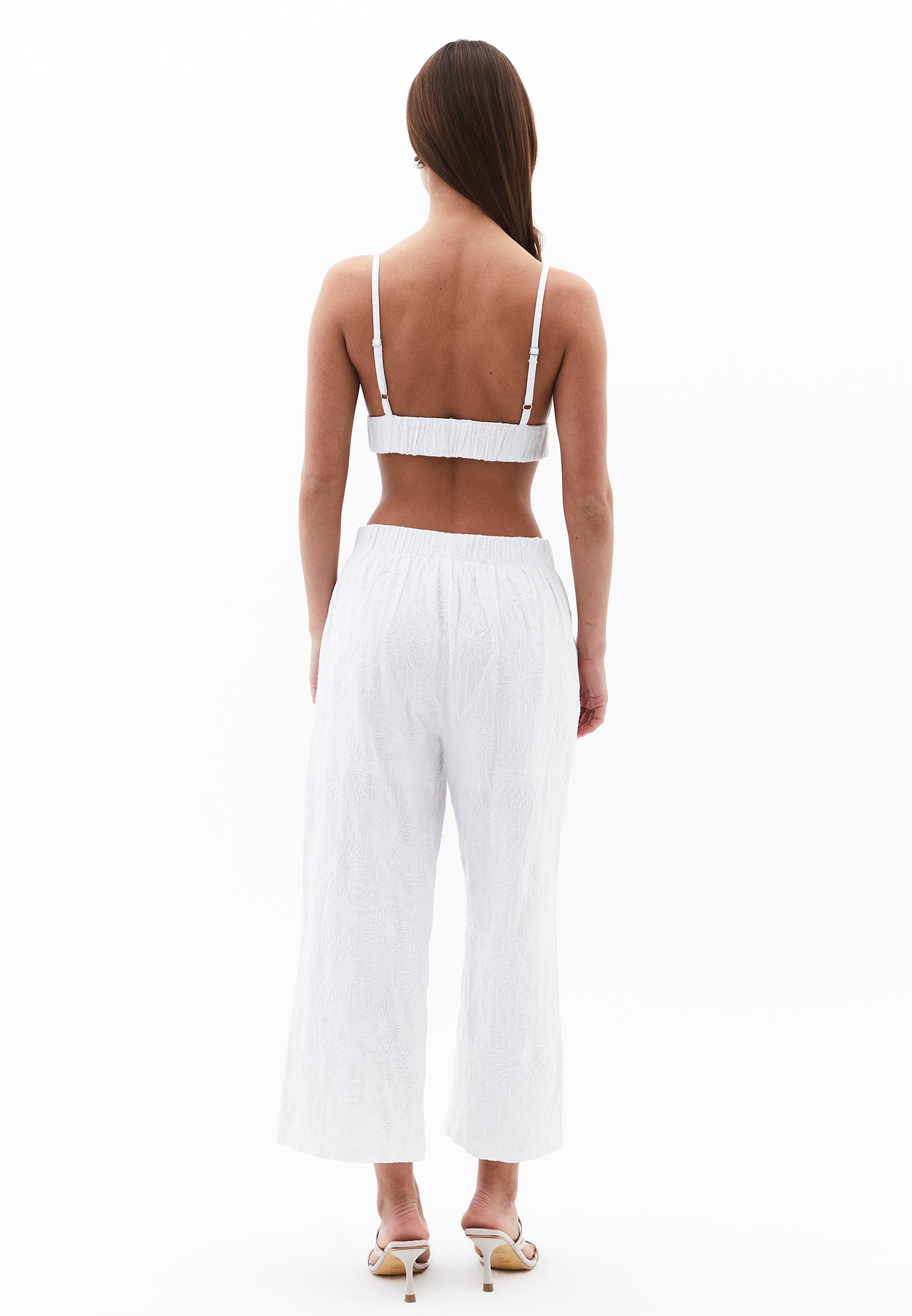 Wide Leg High Waist Pants With Embroidery Detail - WHITE