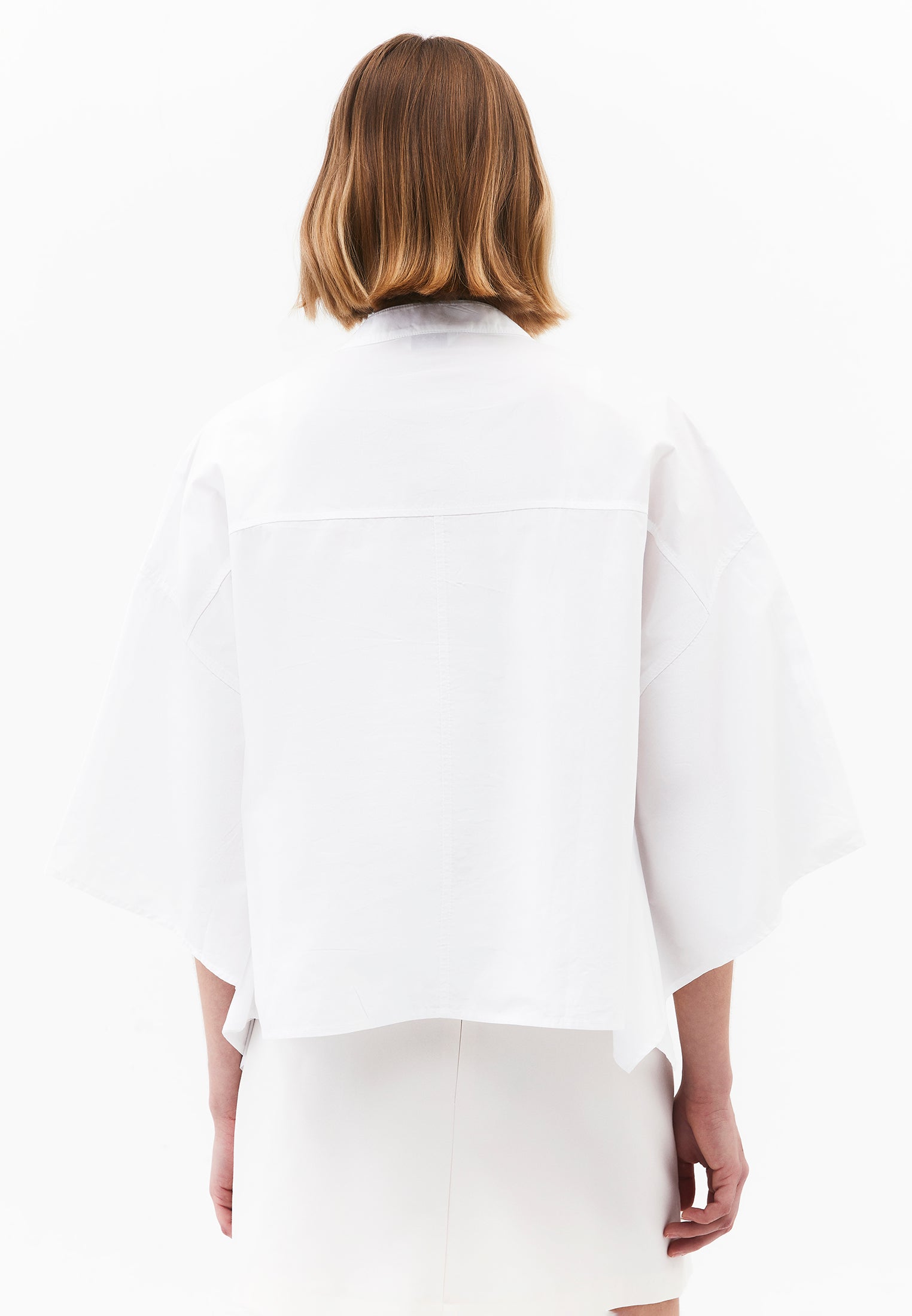 Oversized Short-Sleeve Band Collar Shirt - WHITE