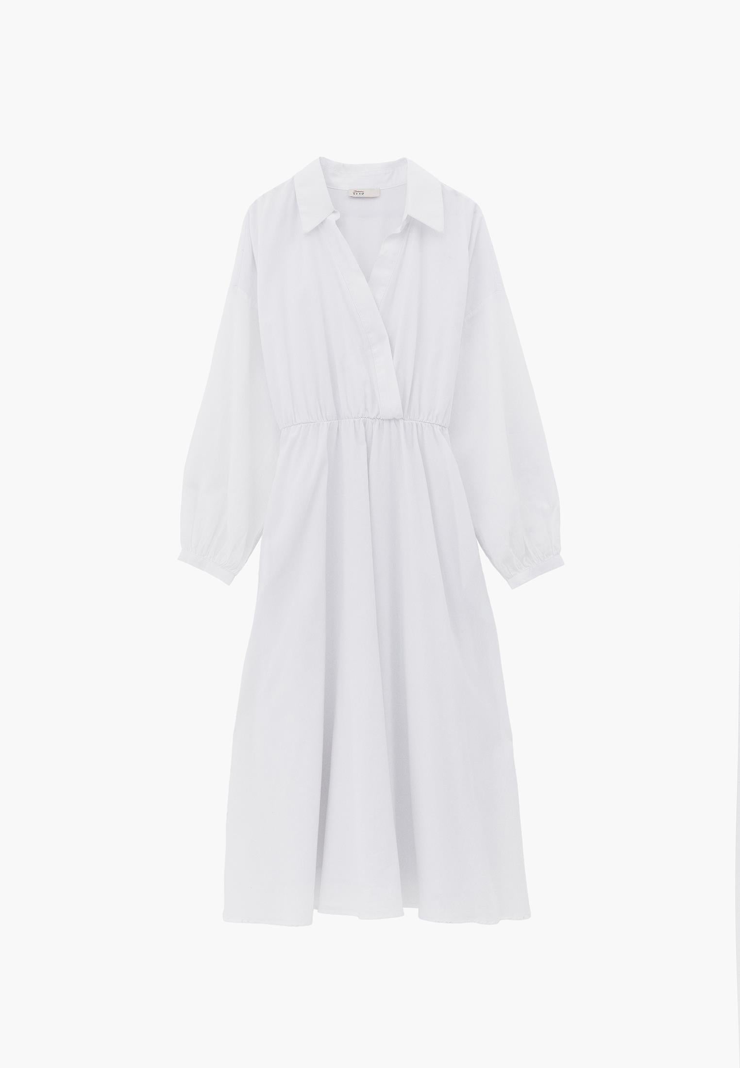 A-Line Long Shirt Collar Dress With Belt Detail - WHITE
