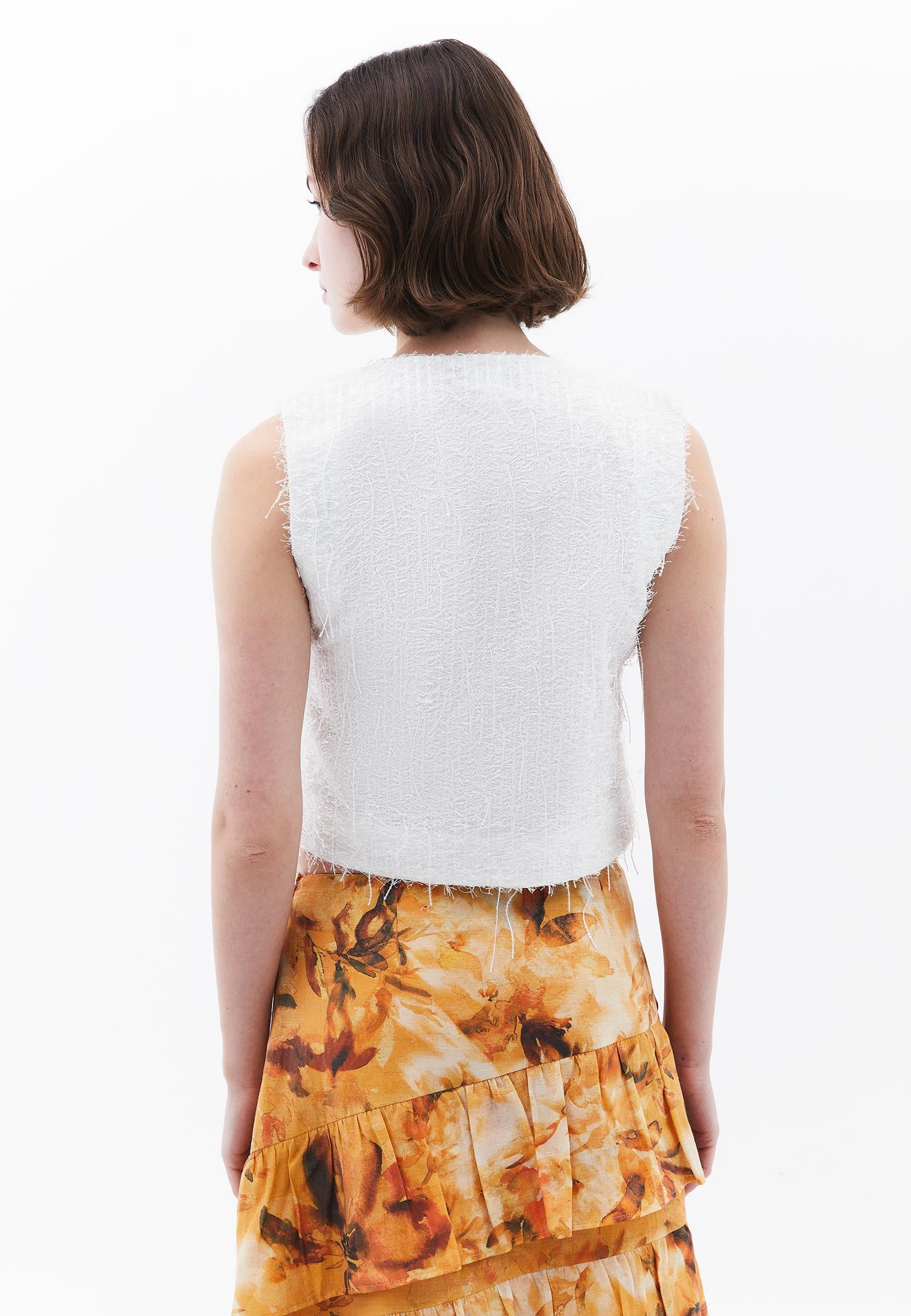 Sleeveless Vest With Button And Tassel Details - WHITE